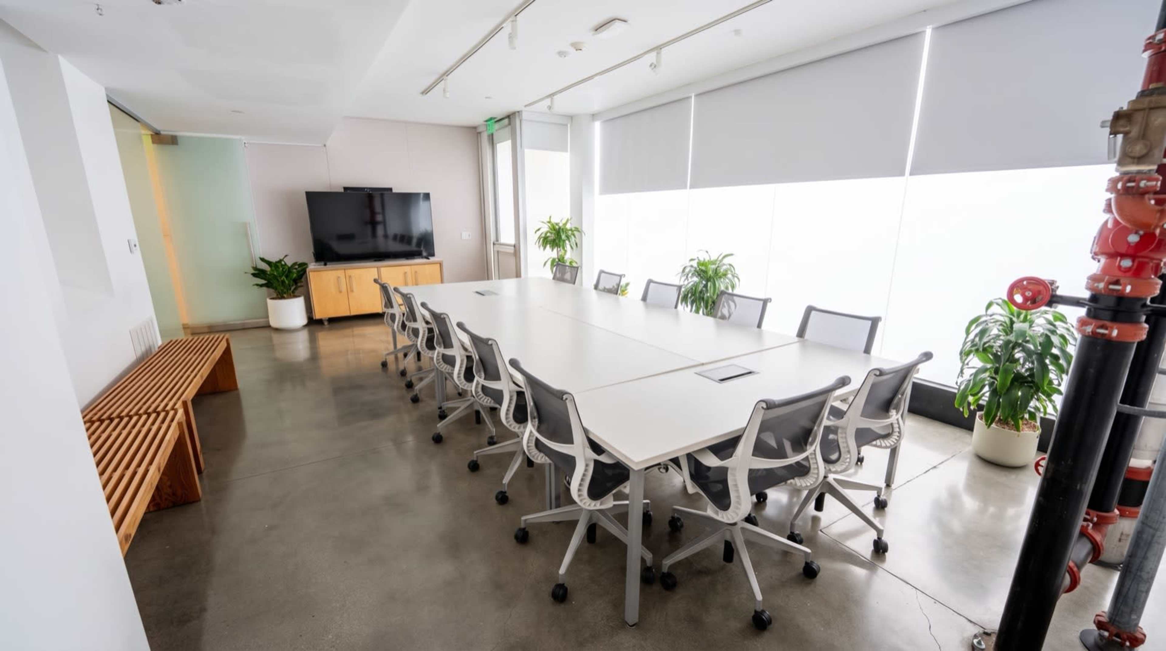 A large conference room features a long white table surrounded by ergonomic chairs, with plants and a television on one wall and large windows letting in natural light.