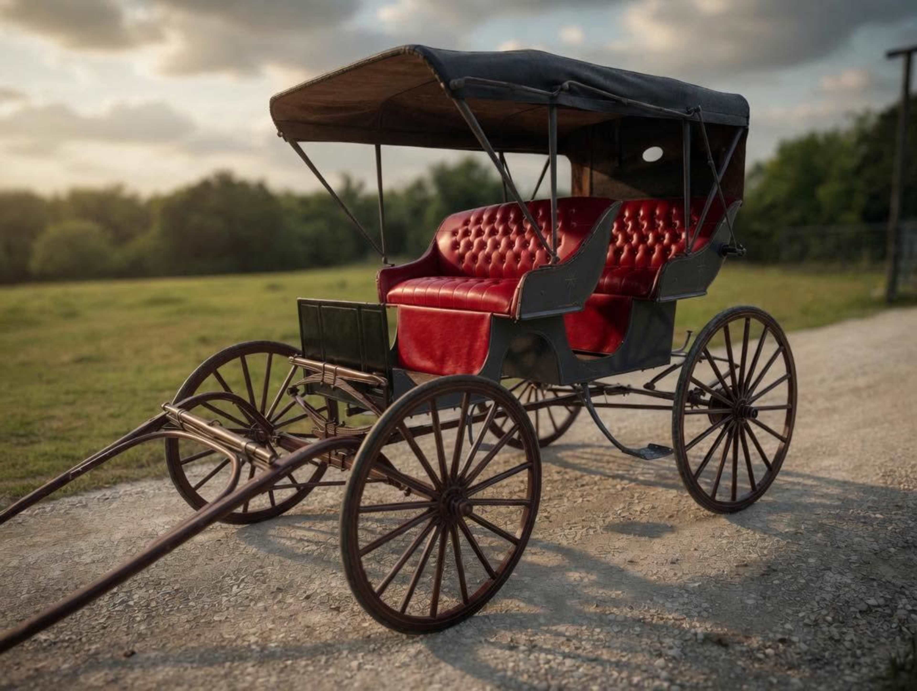 A vintage horse-drawn carriage with red tufted seats is parked on a gravel path surrounded by greenery.