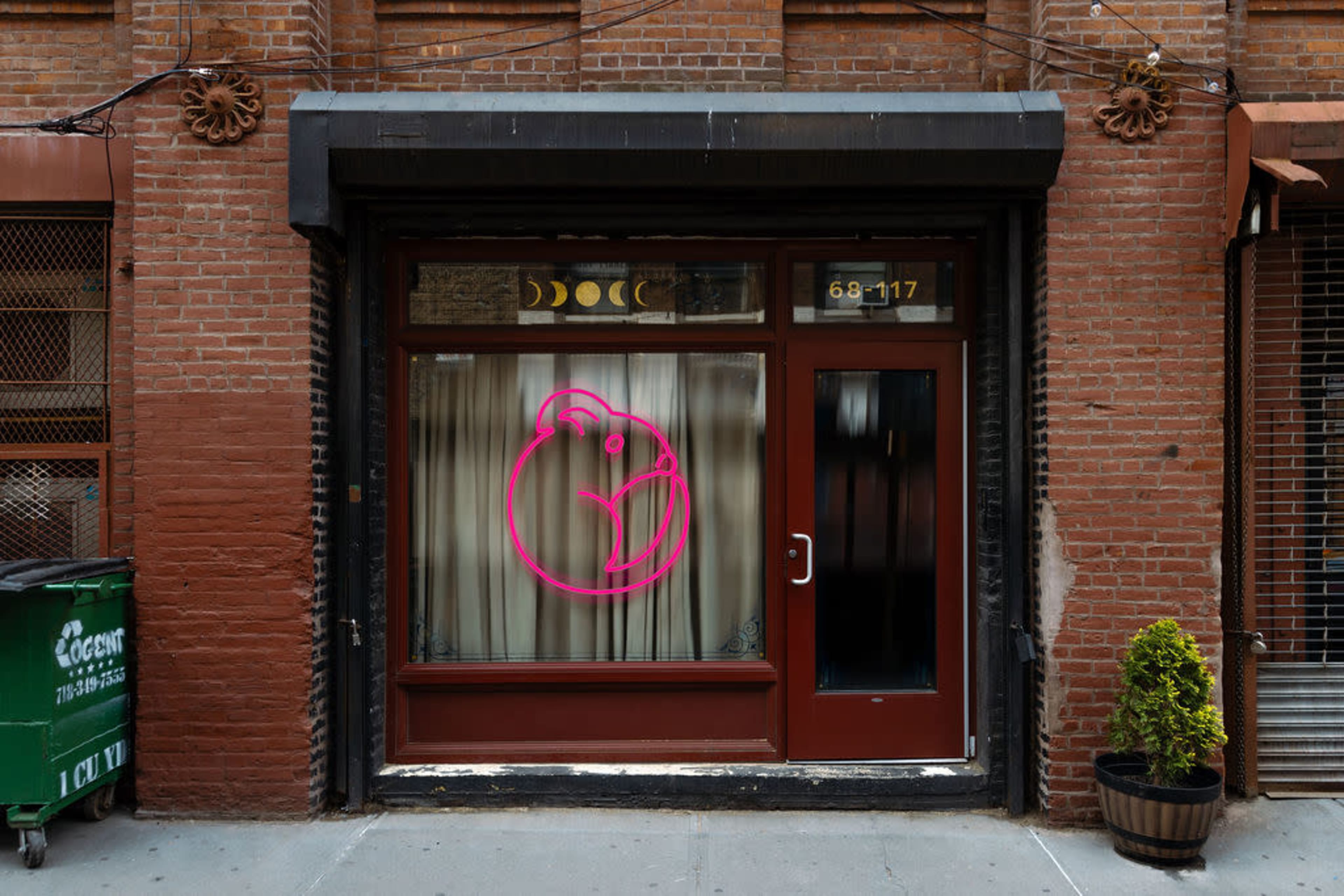 The storefront features a large pink bear graphic on the window, with a dark door and brick wall backdrop.