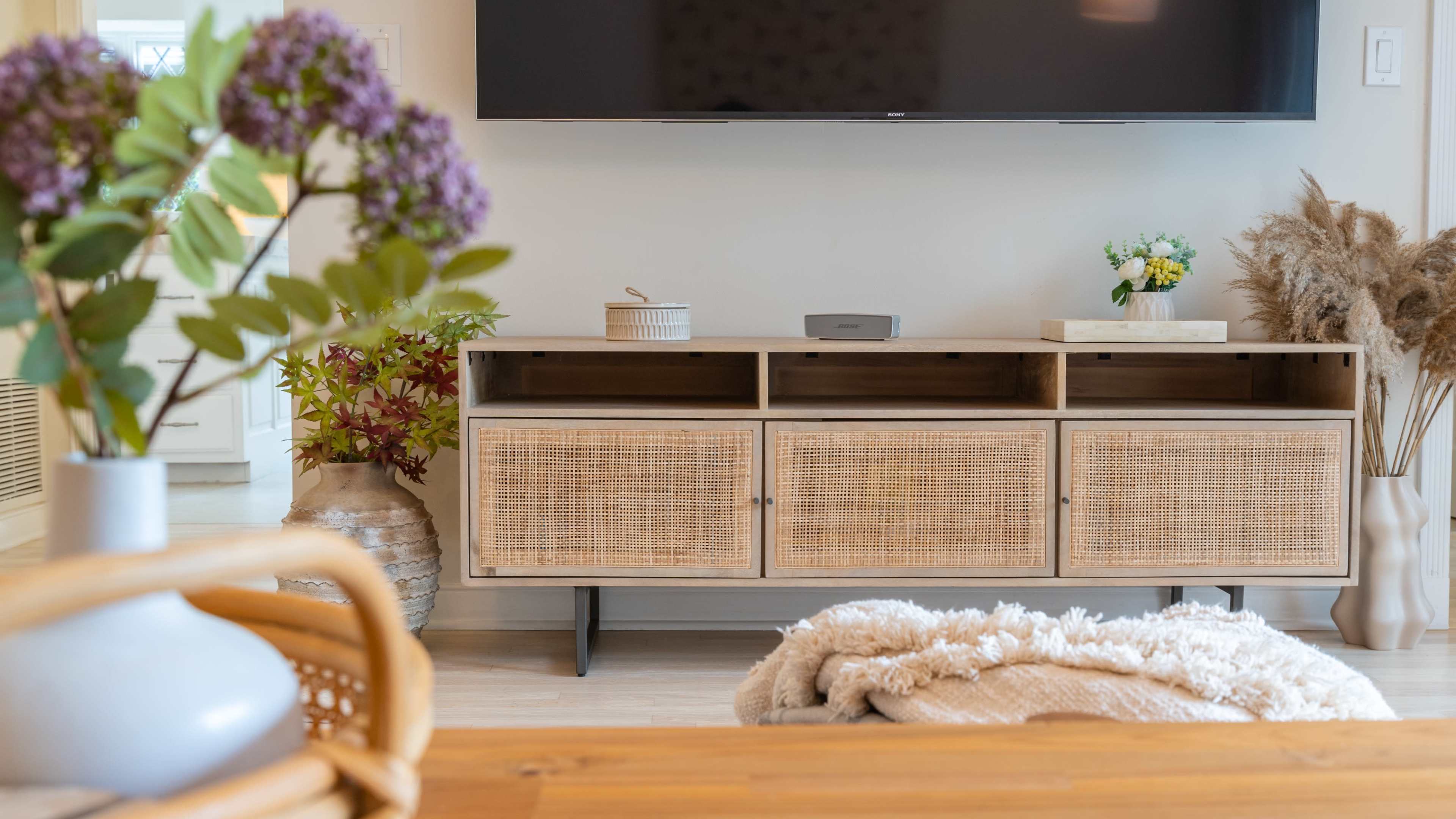 The image features a modern living room setup with a wooden sideboard beneath a wall-mounted television, accented by decorative plants and a soft throw blanket on a nearby table.