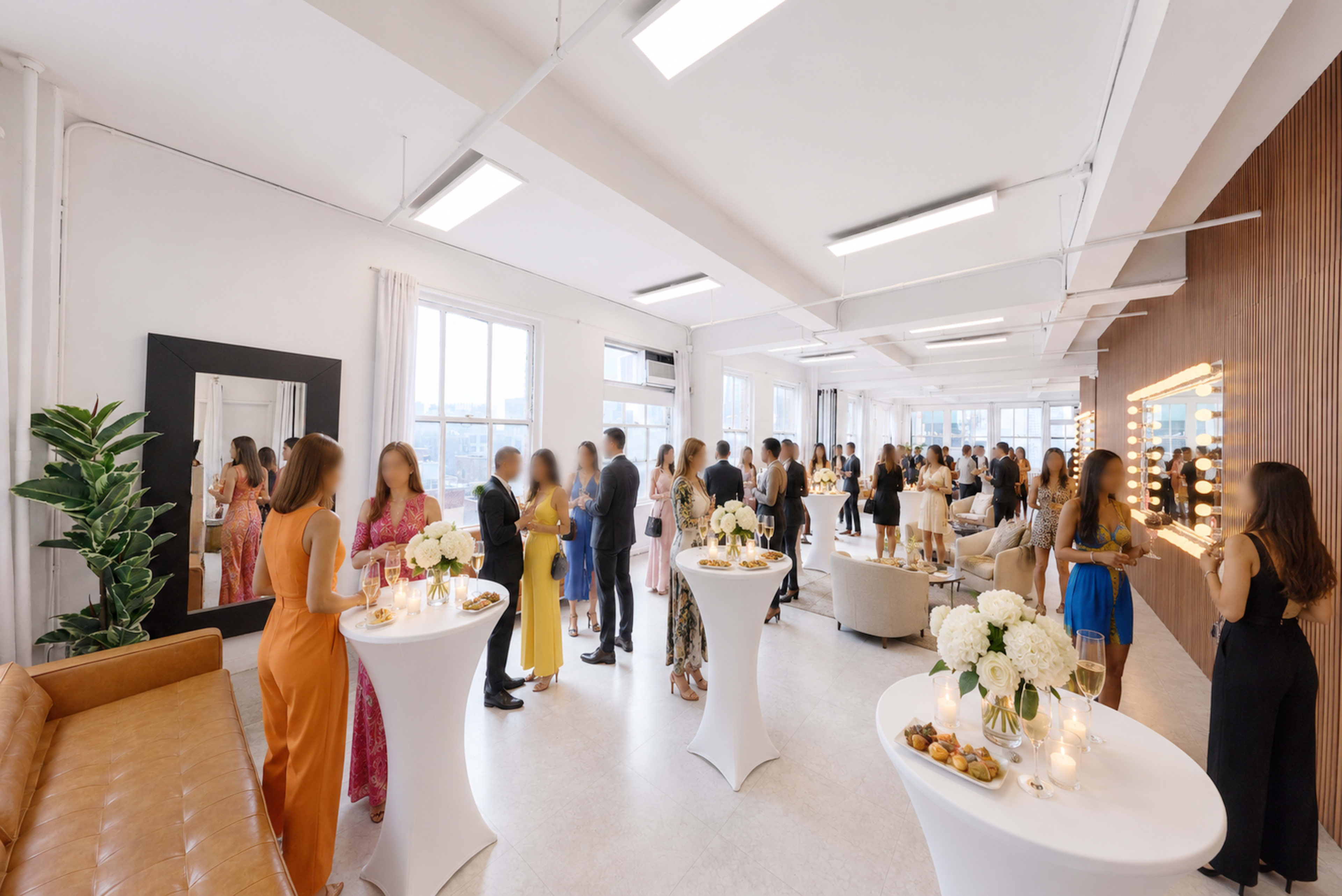 A crowd of people socializes at an indoor event featuring tables with food and flowers in a modern, brightly lit space.