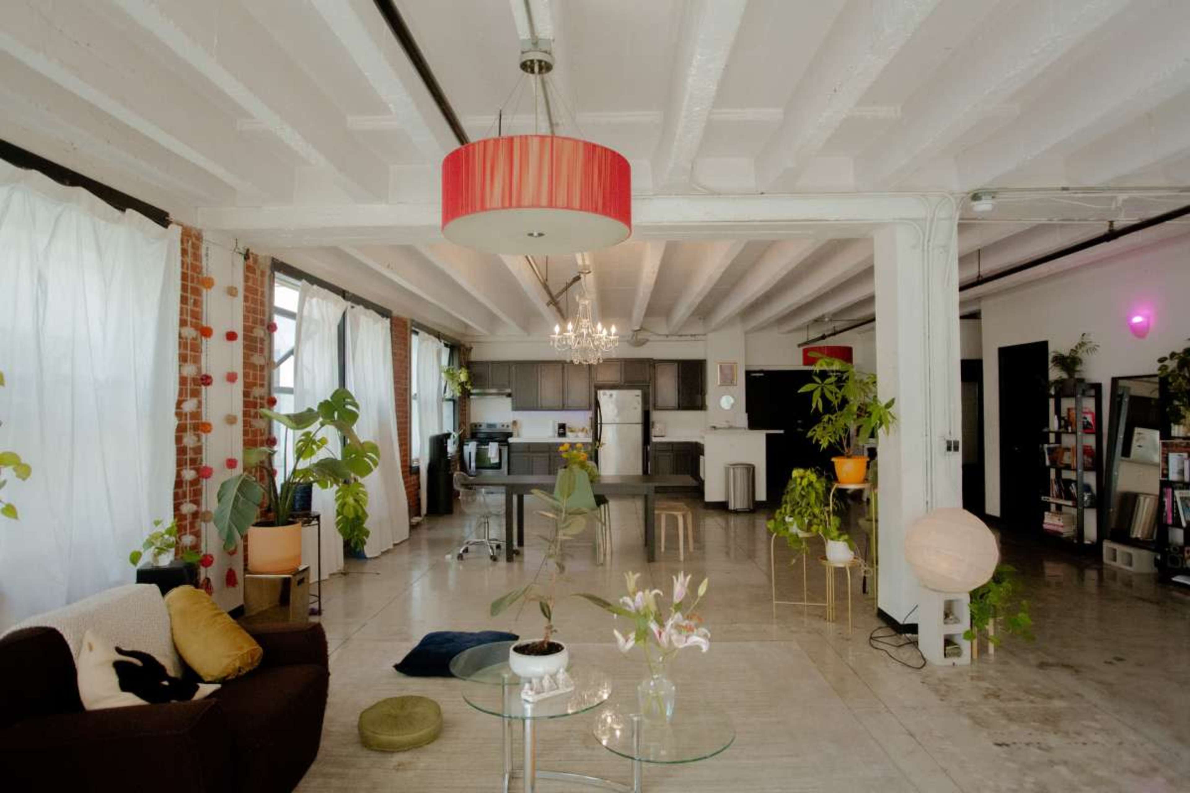 The image shows a spacious, modern open-concept living area with plants, a dining table, and a kitchen visible in the background.