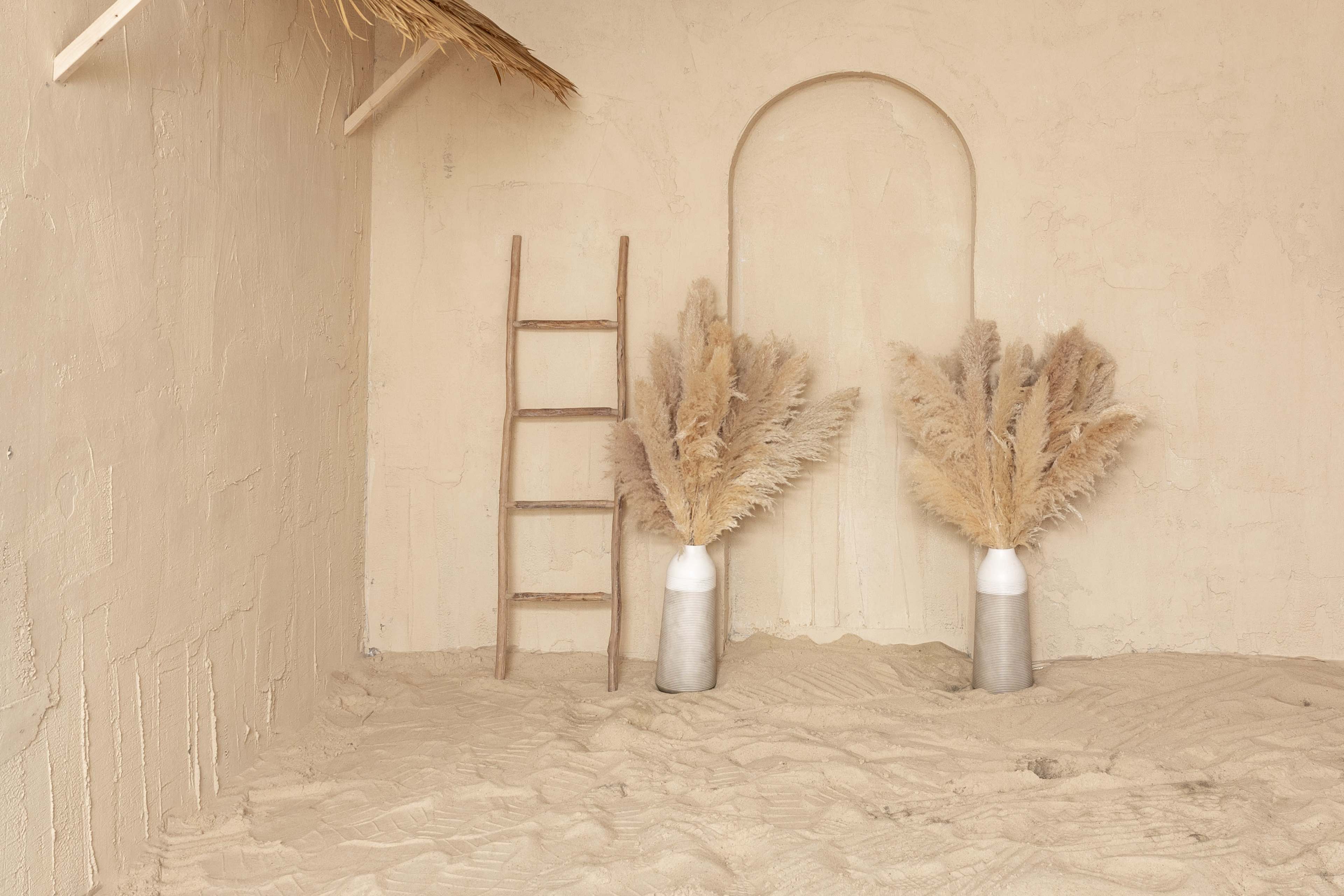 The image shows a minimalist interior with a sandy floor, a wooden ladder, and two large vases containing dried pampas grass arranged symmetrically against a textured beige wall.