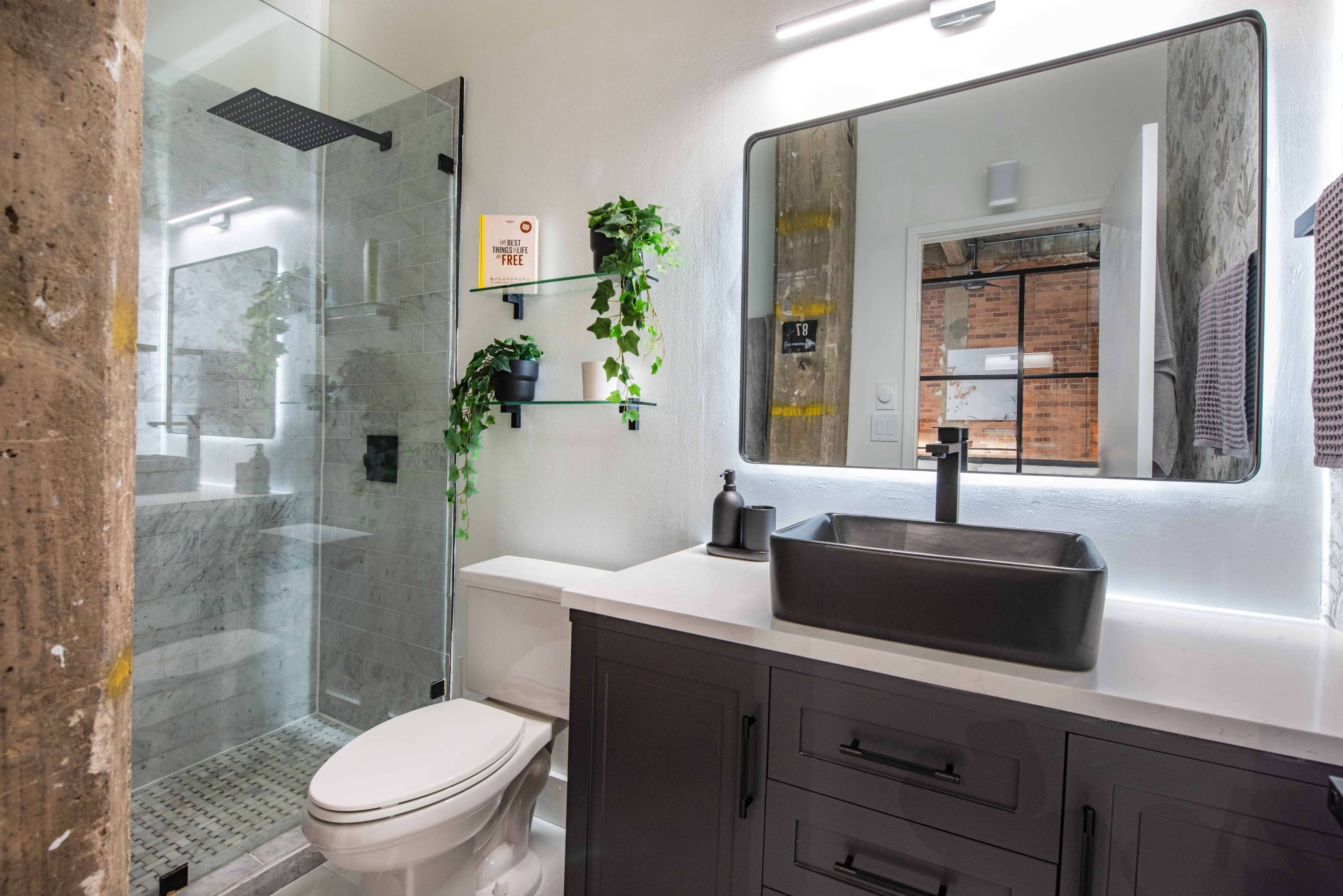A modern bathroom featuring a glass-enclosed shower, a dark sink countertop, and a large mirror above a gray vanity, with greenery adorning the wall.