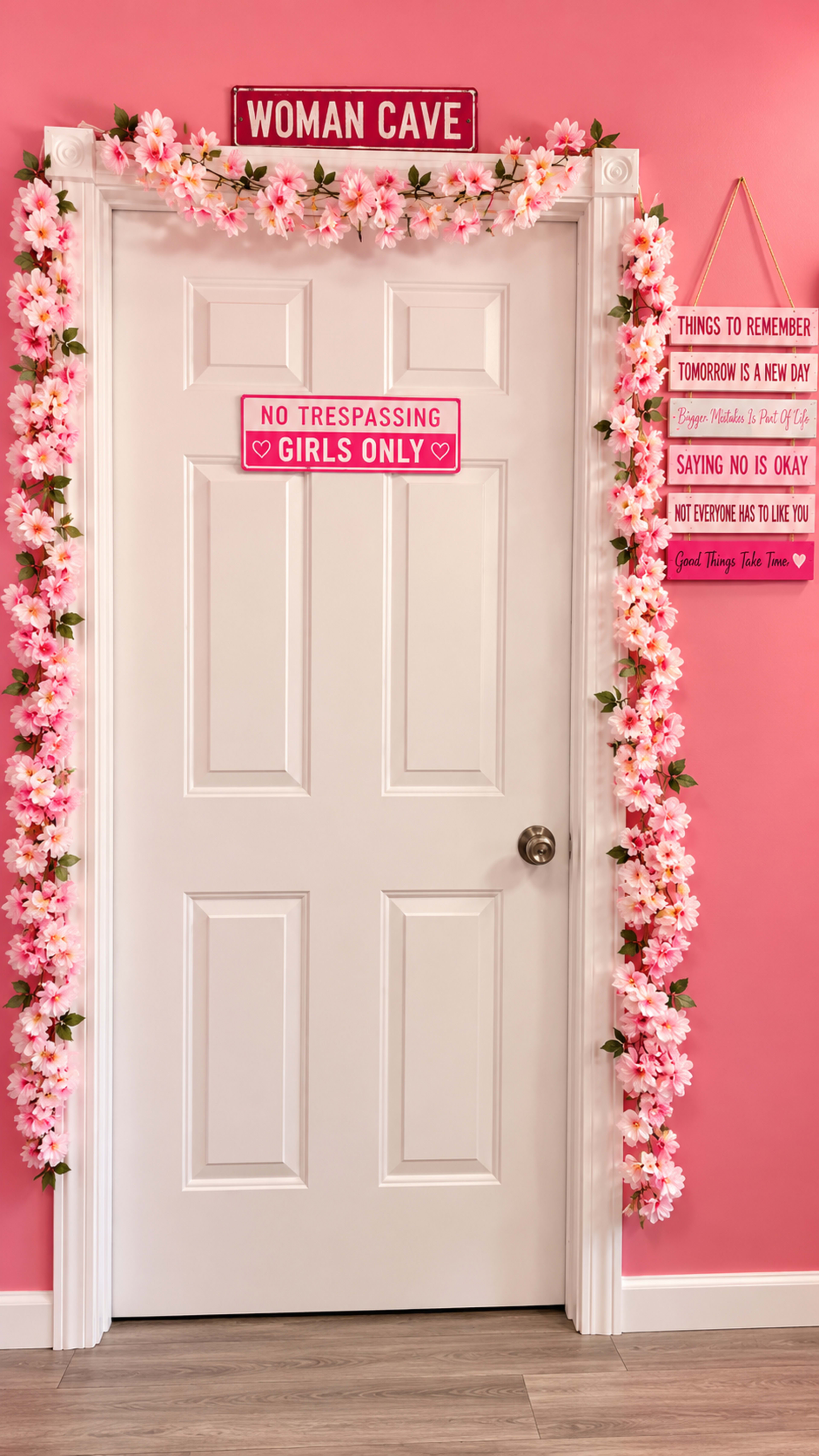 The image features a door adorned with pink floral decorations and signs that read "WOMAN CAVE," "NO TRESPASSING," and various motivational phrases.