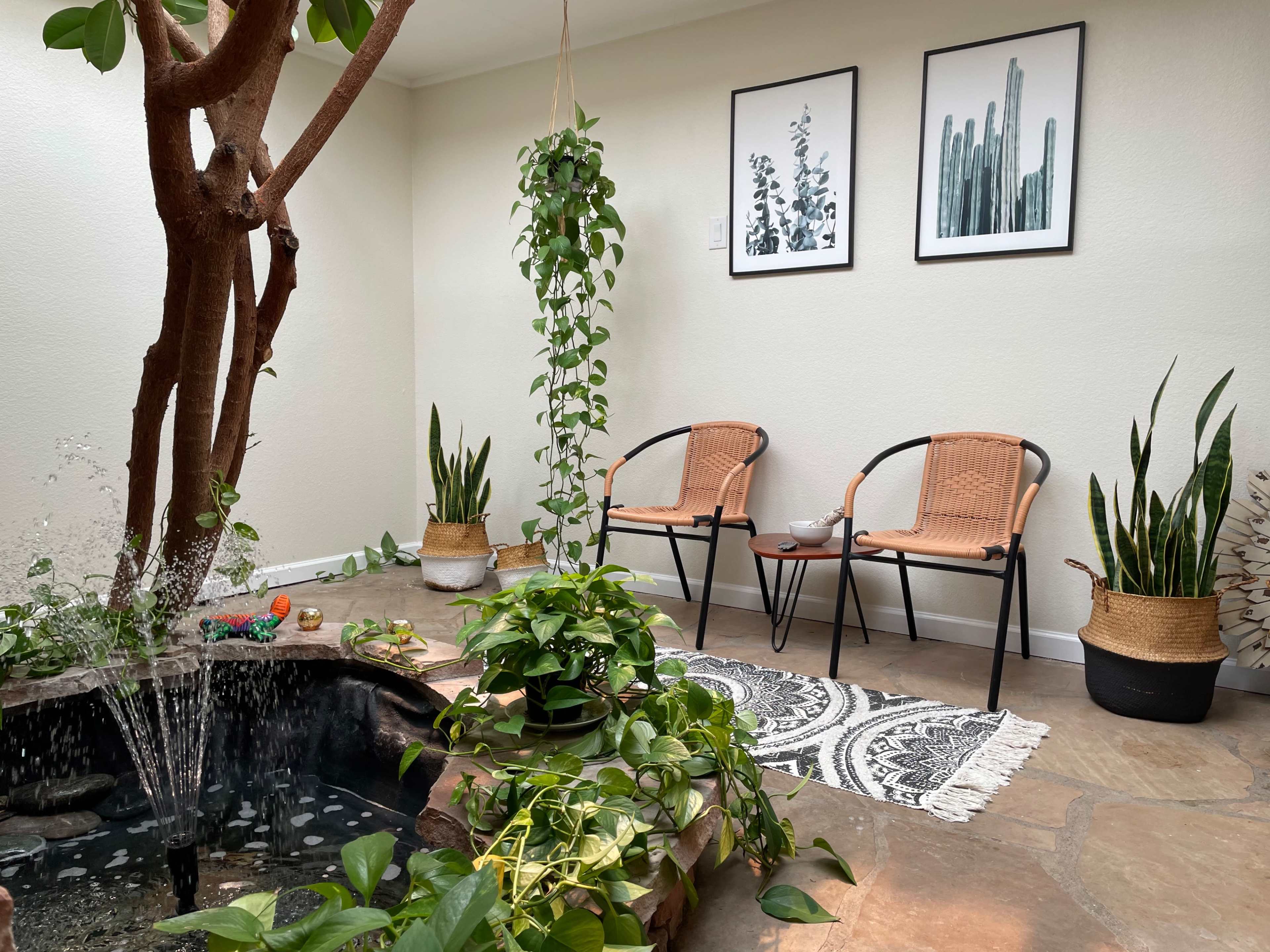 A modern indoor space featuring a small water fountain, potted plants, two woven chairs, and wall art depicting botanical themes.