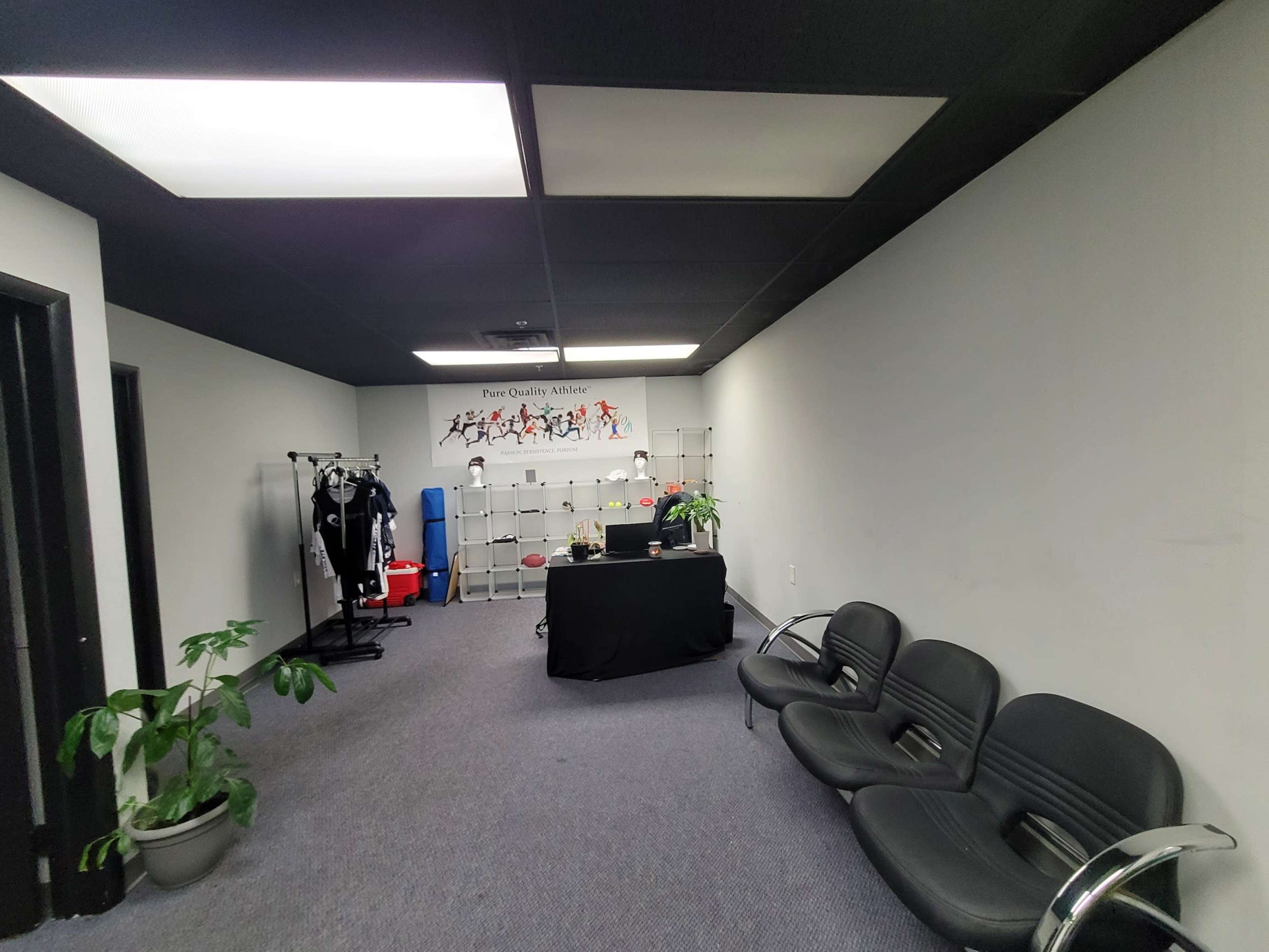 A spacious office area with a black table, seating for three, and shelves displaying various items, along with workout equipment and plants.