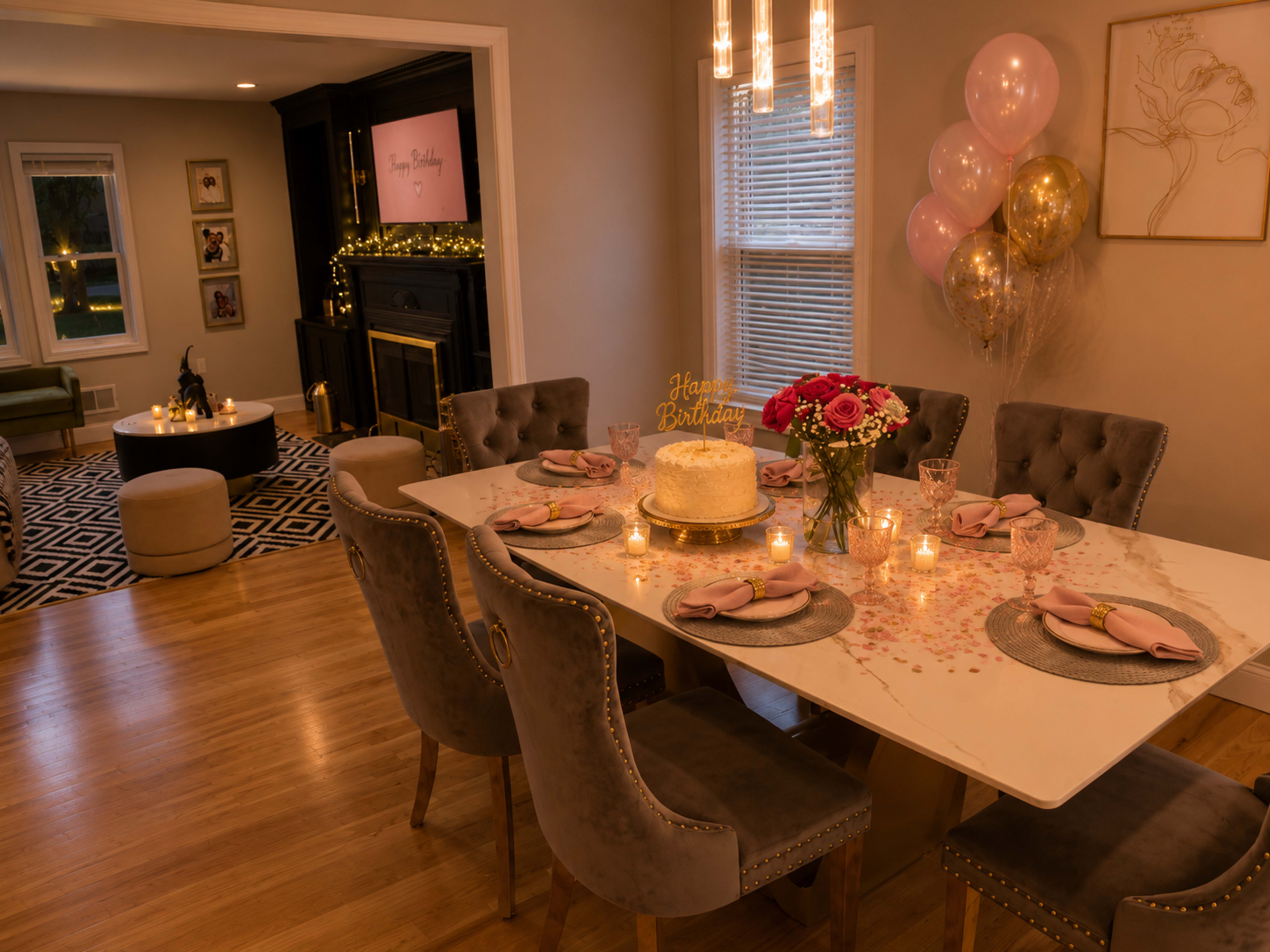 The image shows a decorated dining room with a celebratory table set for a birthday, featuring a cake, flowers, candles, and balloons in a festive arrangement.