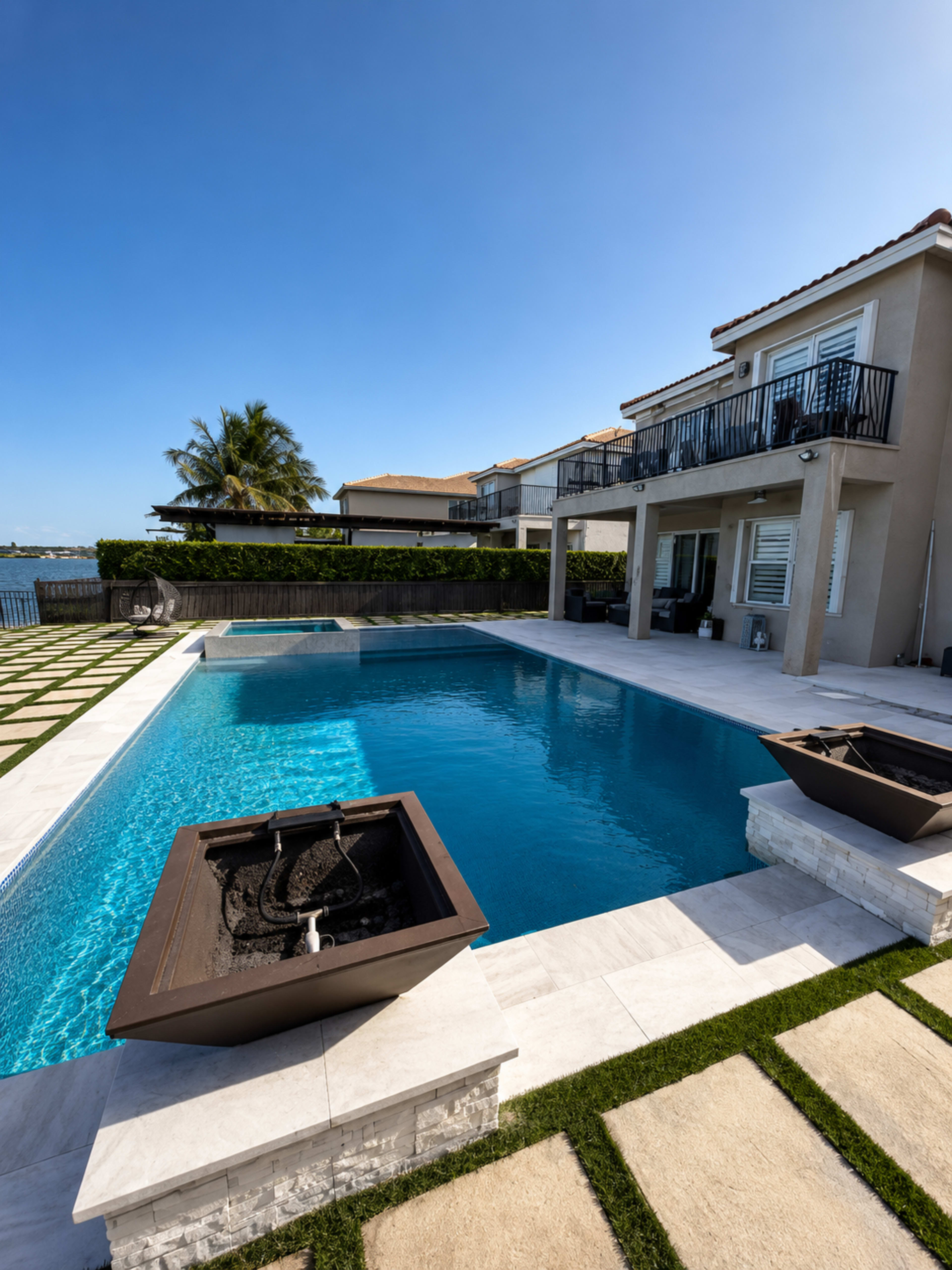 The image shows a modern backyard pool area with a clear blue pool, fire pits, and a spacious house overlooking a body of water.