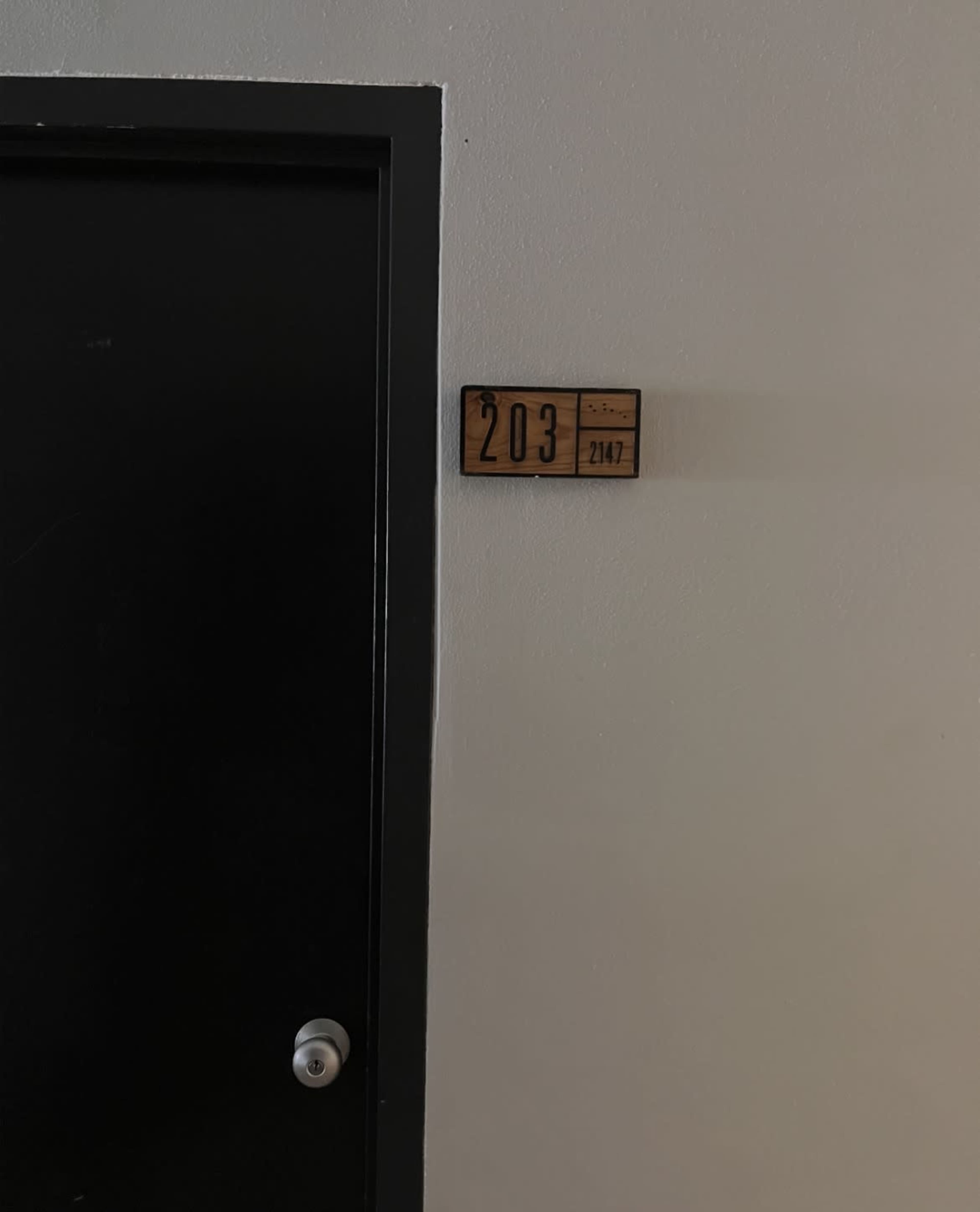 The image shows a black door with the number 203 on a plaque beside it.