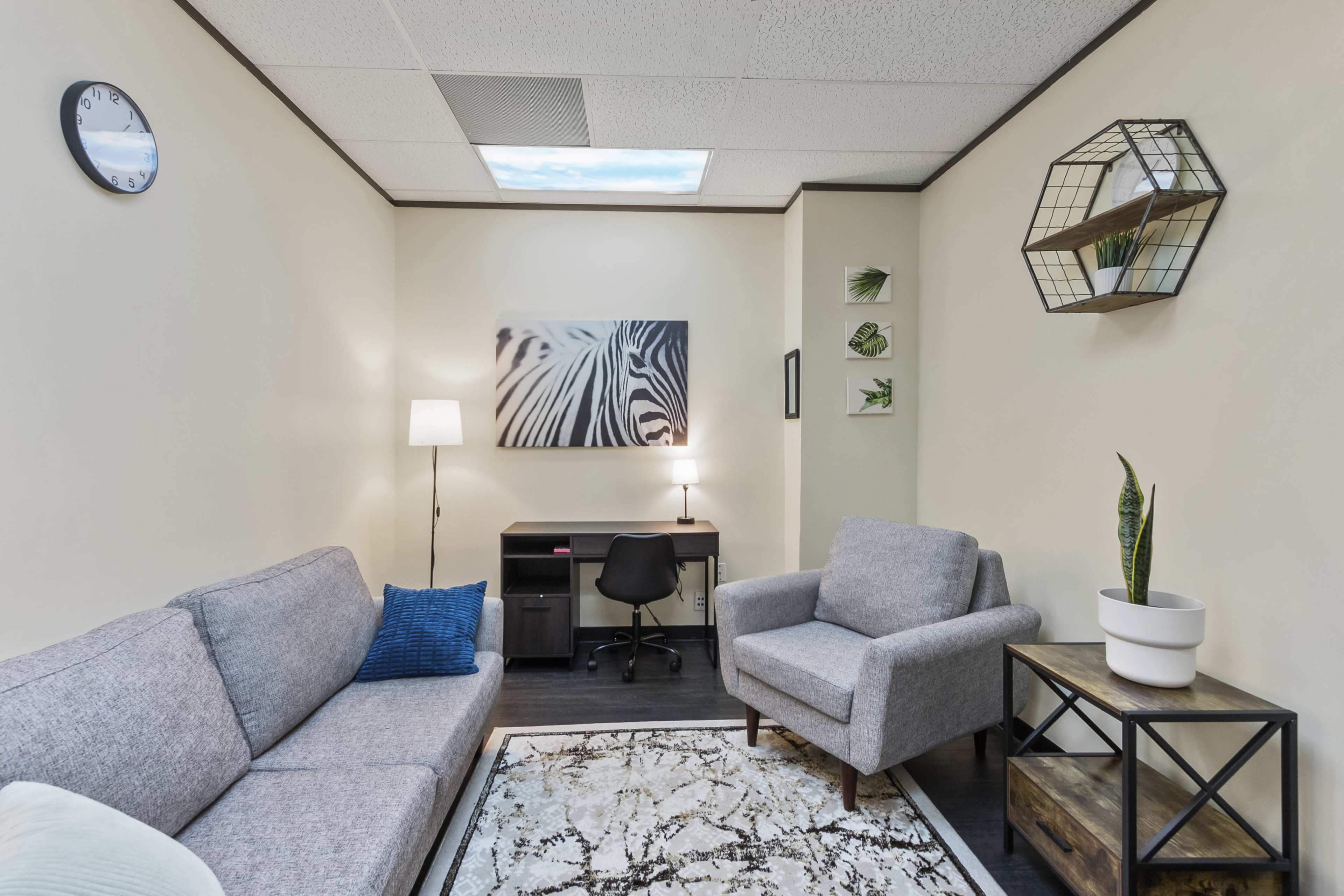 The image shows a small, well-lit office with a gray sofa, an armchair, a desk, and decorative plants on the walls and furniture.