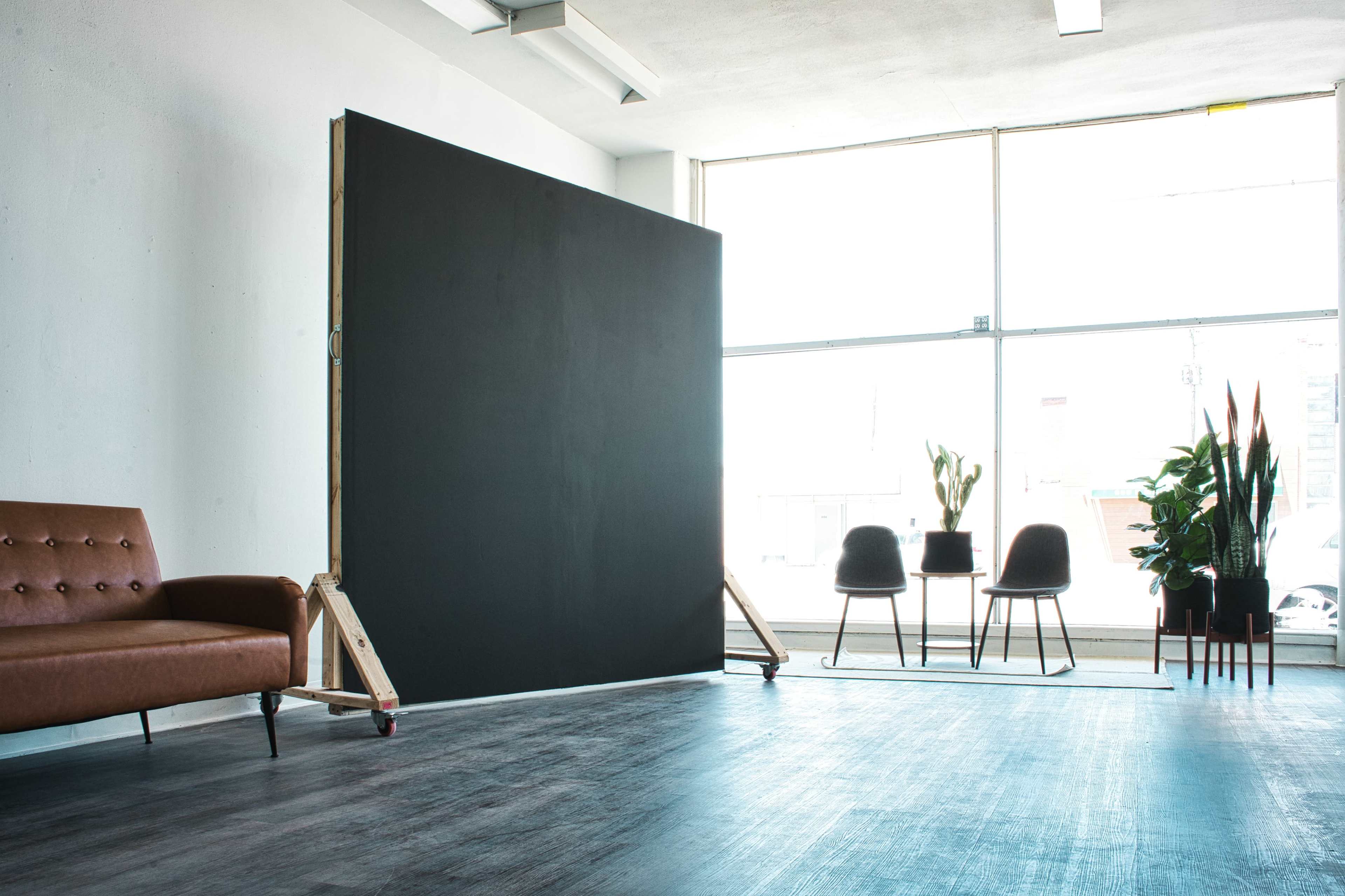 A large black backdrop is positioned in a spacious, well-lit room with a brown leather couch, two chairs, and potted plants visible near a window.