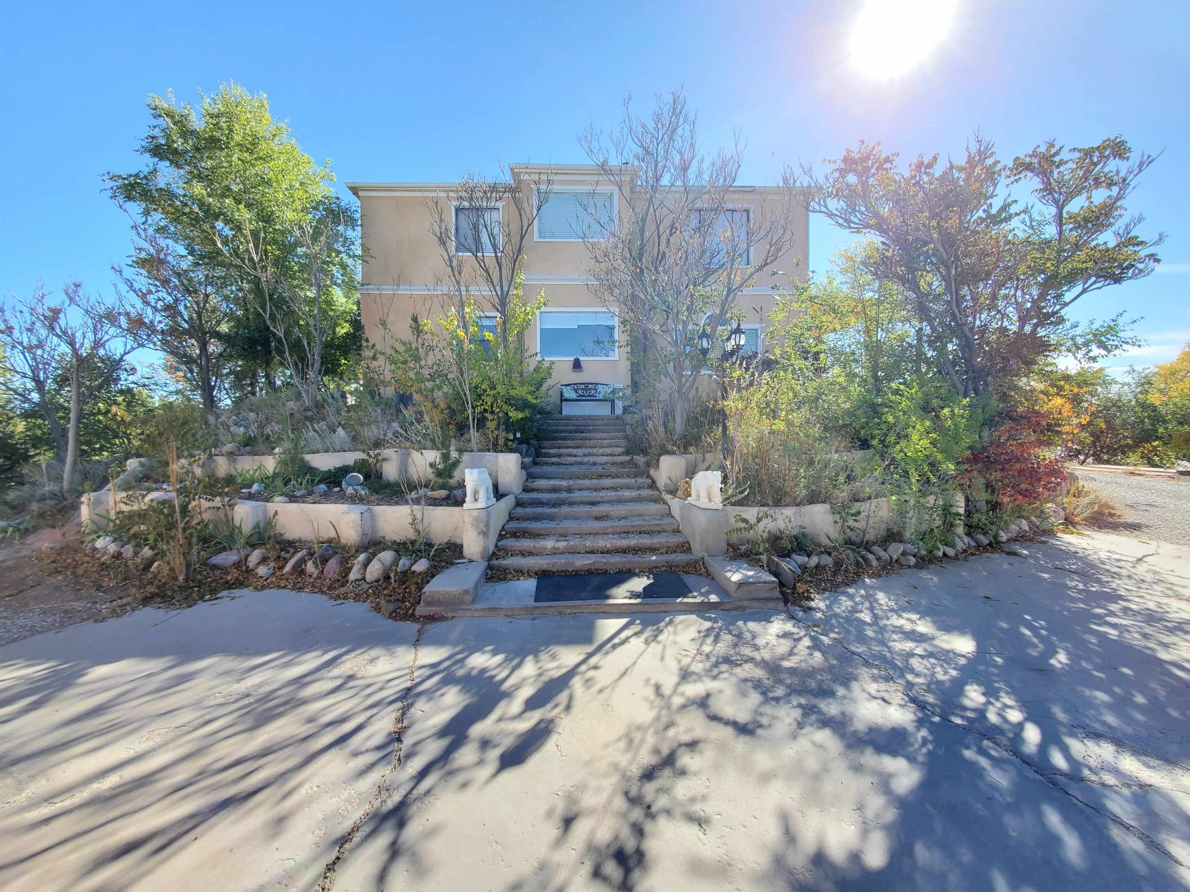 A two-story house with a wide staircase leads up to the entrance, surrounded by overgrown shrubs and trees against a clear blue sky.