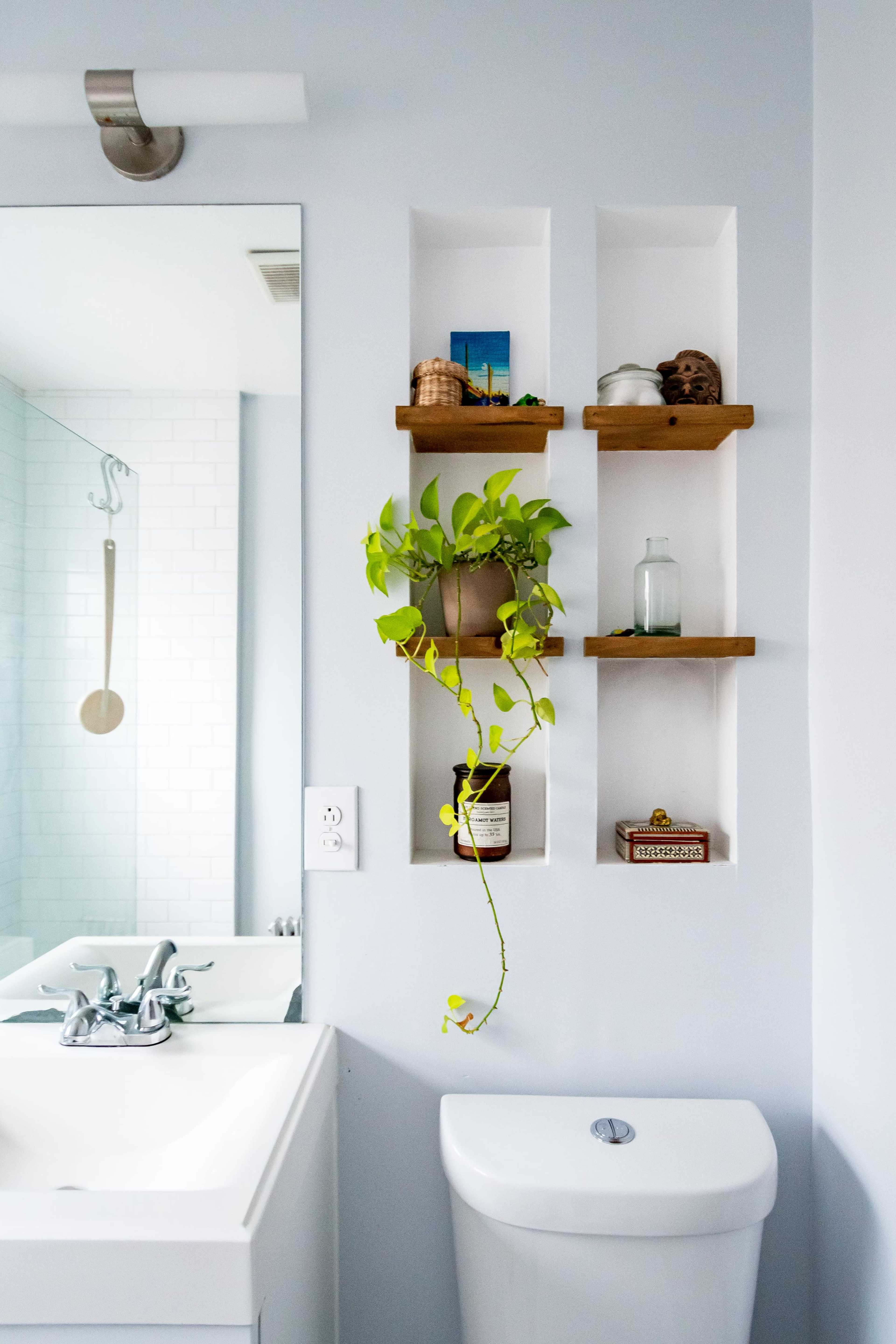 A bathroom with a mirror, a sink, a toilet, and wooden shelves displaying decorative items and a potted plant.