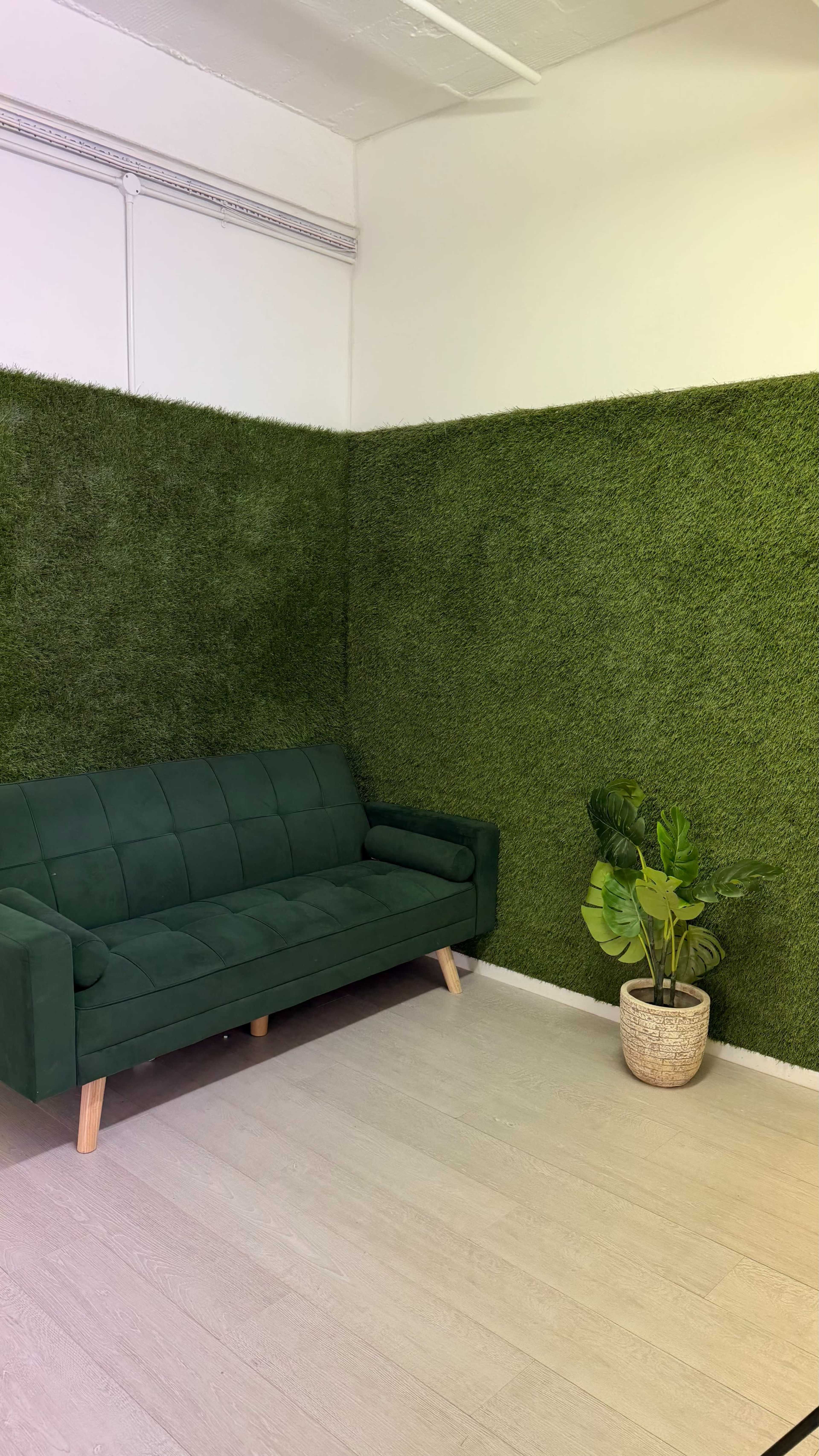 The image shows a green sofa against a backdrop of artificial grass-covered walls, with a potted plant on the floor beside it.