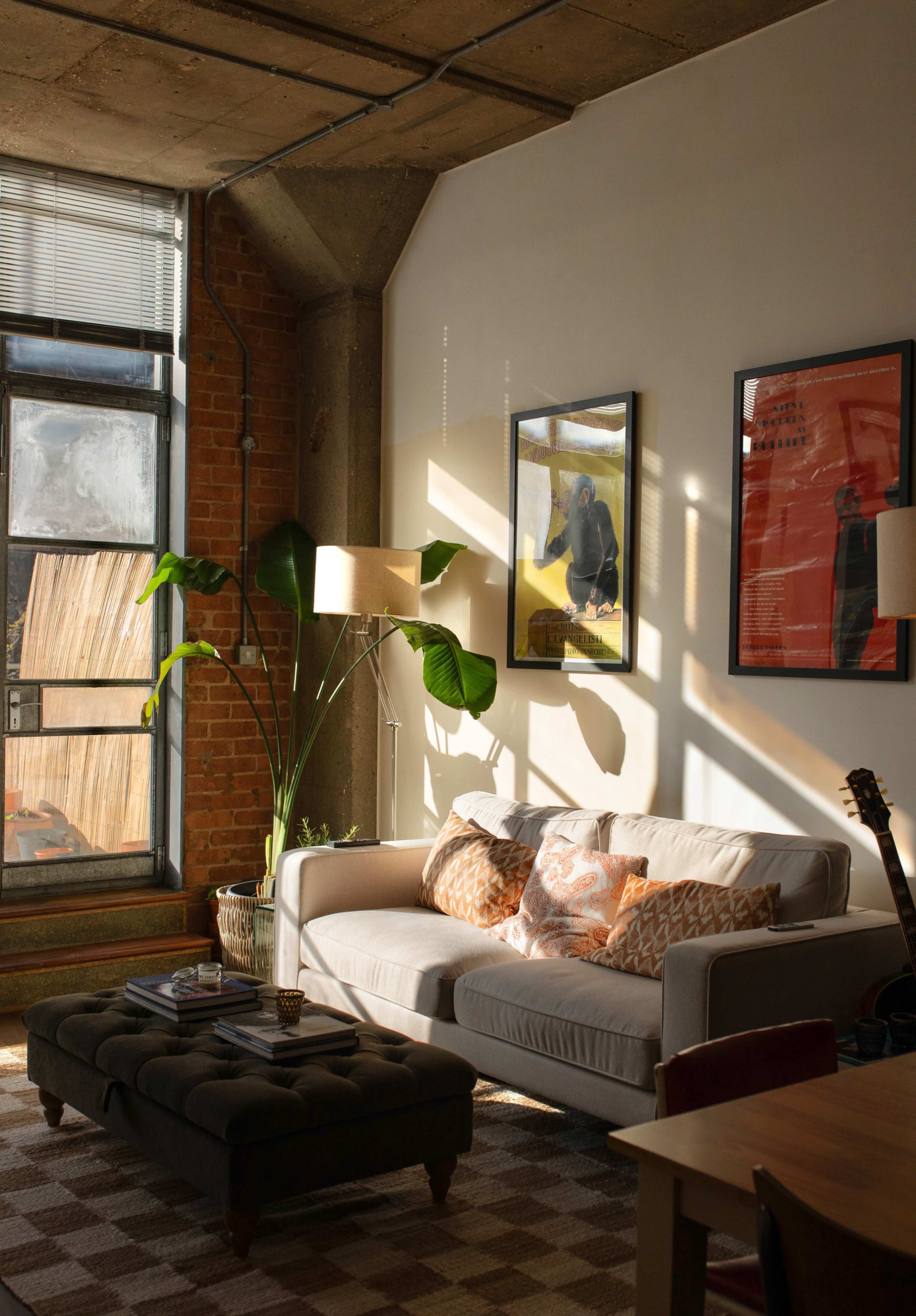 A bright living room features a gray sofa with patterned cushions, a large potted plant, and framed artwork on the walls, illuminated by sunlight filtering through a window.