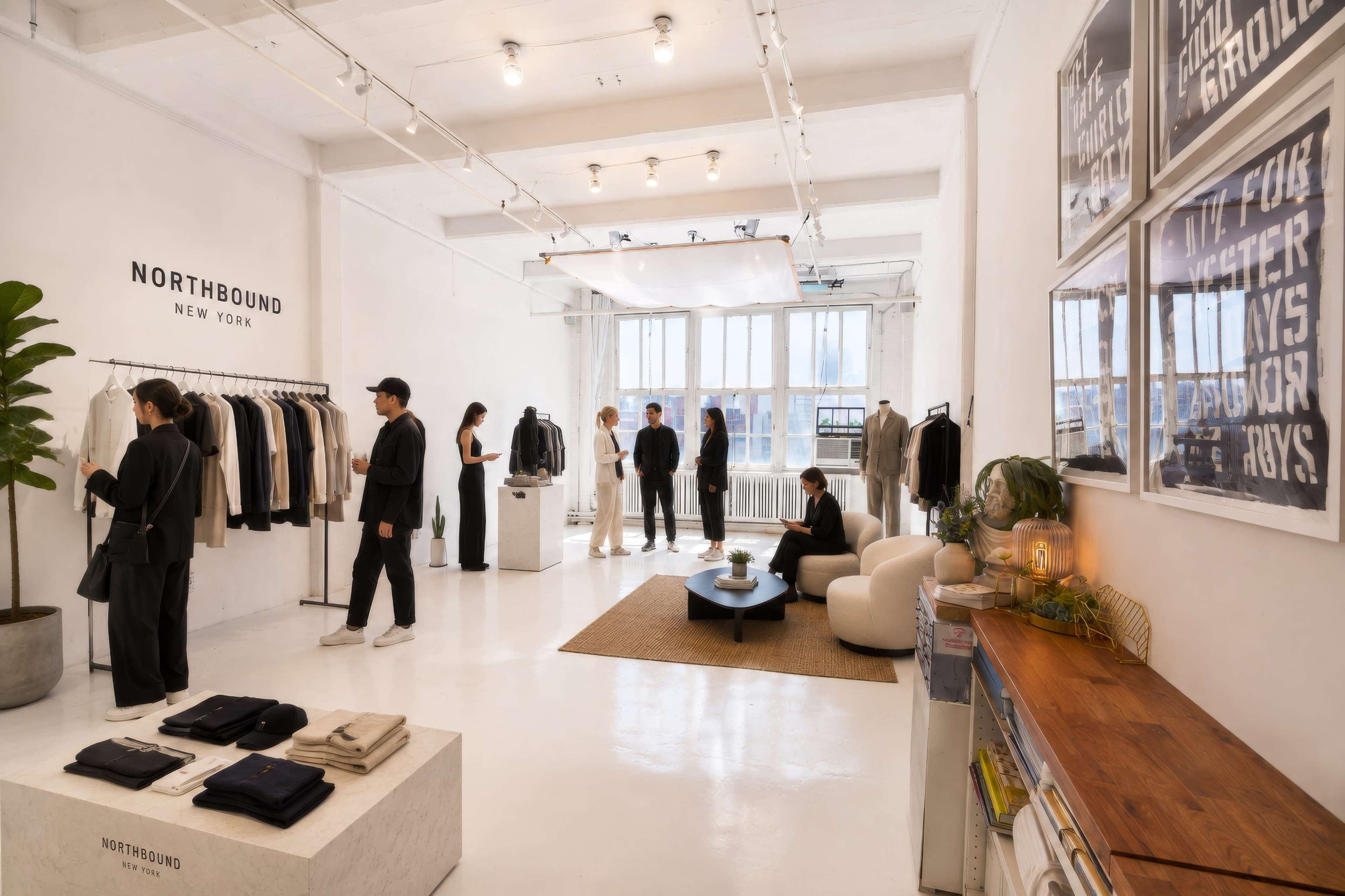 A modern clothing store features minimalistic decor with racks of apparel, a seating area, and a few customers browsing.