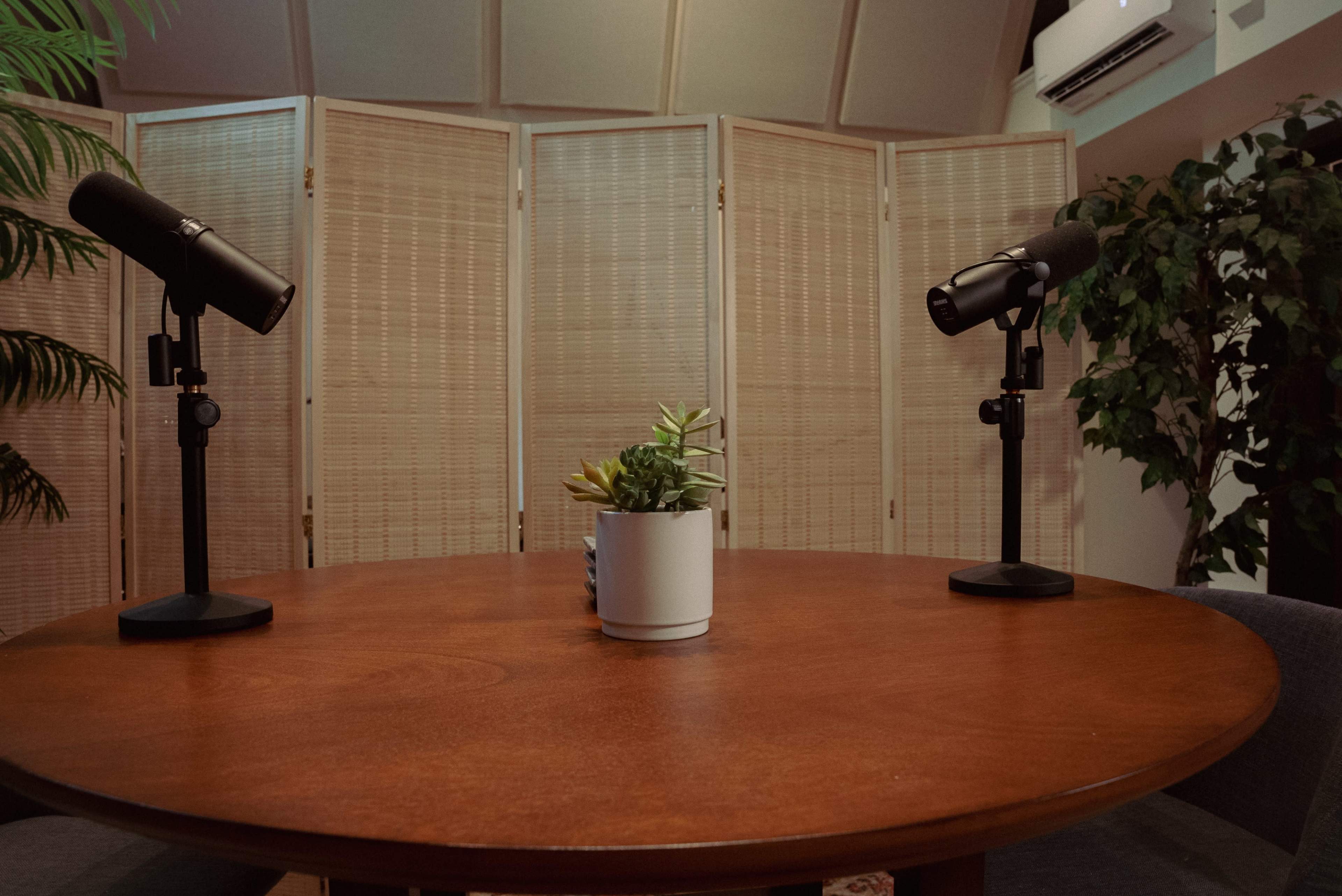 A round wooden table with two microphones and a small potted plant is set in a room with a folding screen and greenery.