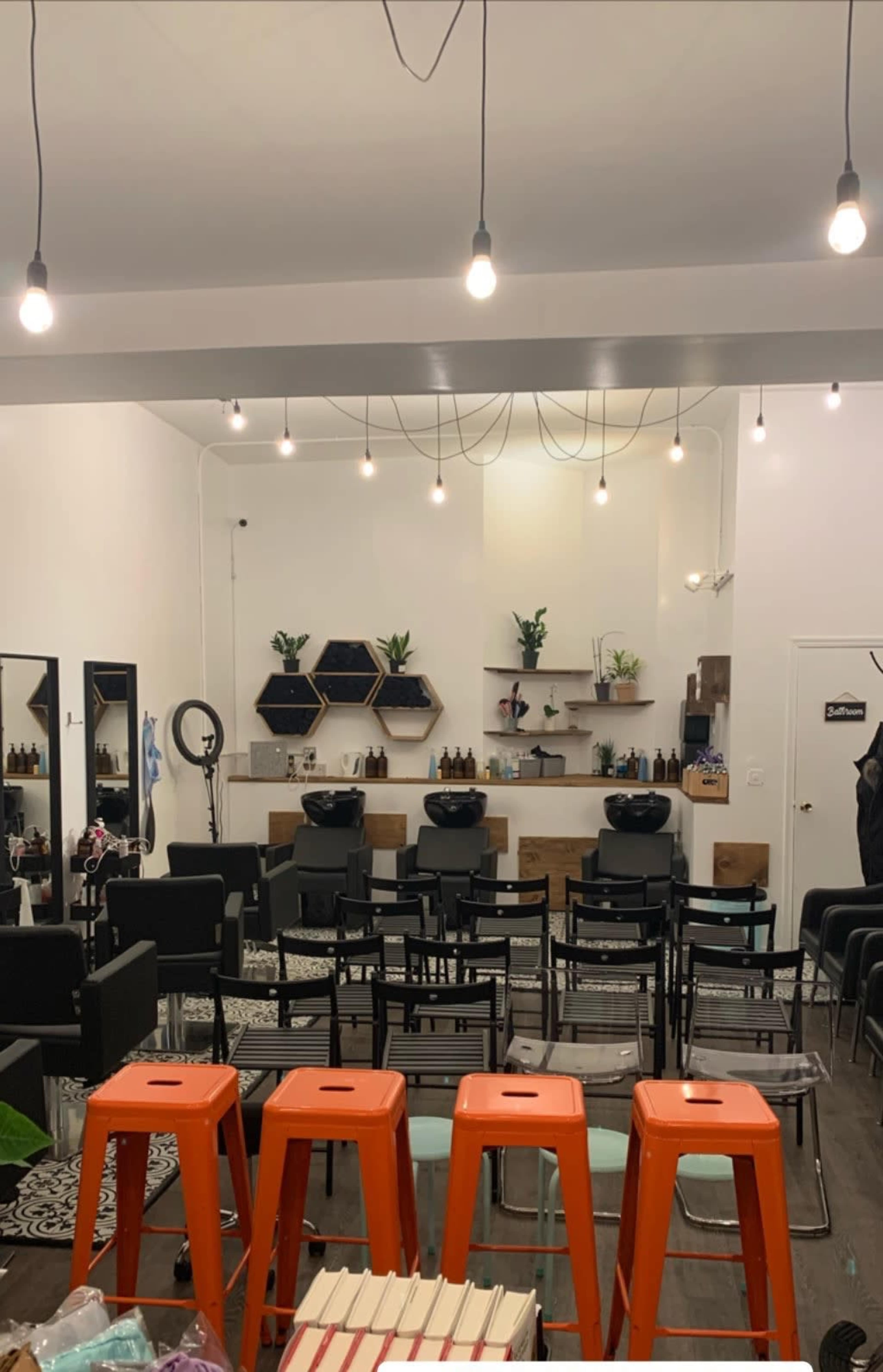 The image shows a hair salon interior with black salon chairs facing a work area adorned with hexagonal shelves and potted plants, illuminated by hanging light bulbs.