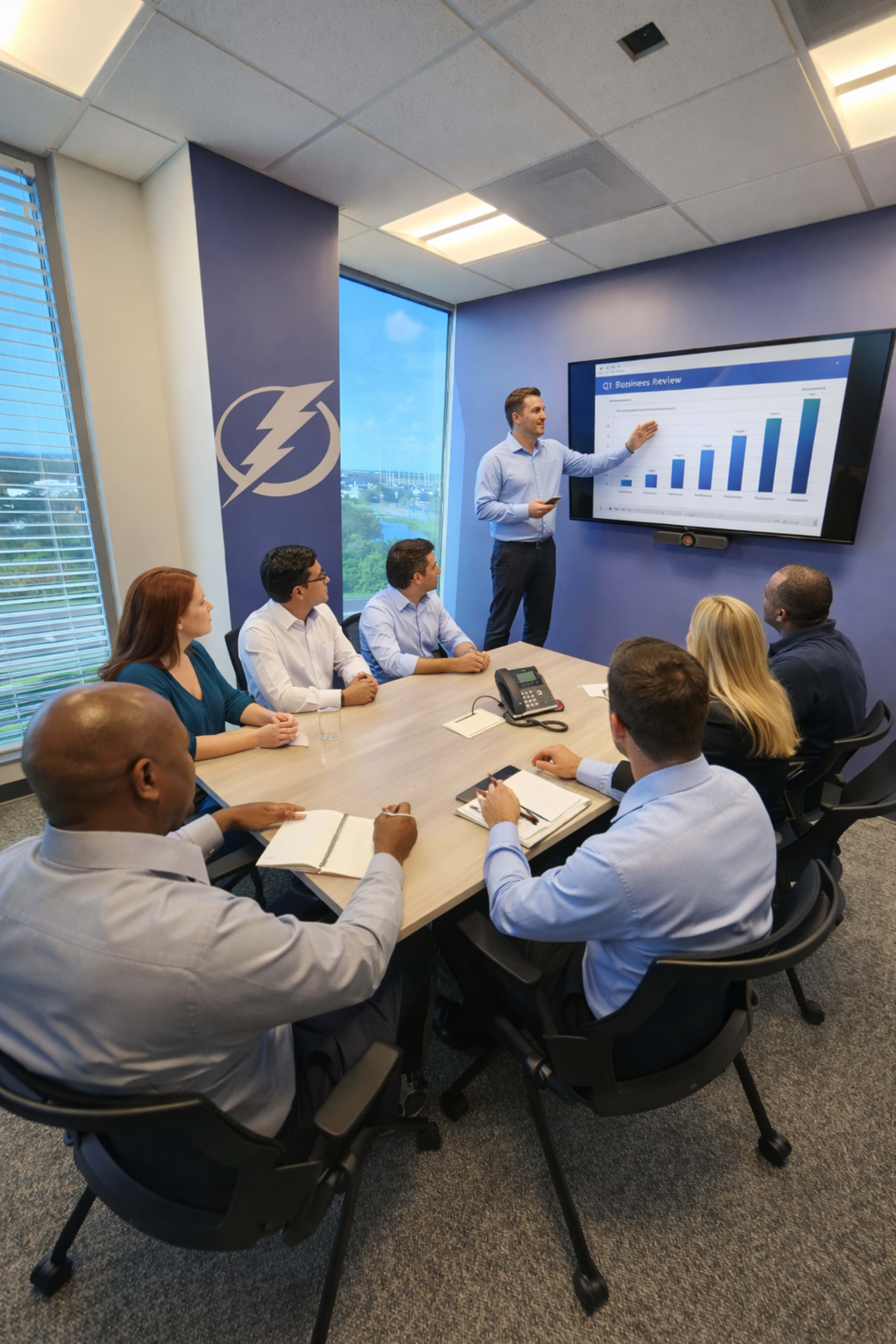 A group of professionals in business attire is seated around a conference table while a speaker presents data on a screen in a well-lit meeting room.