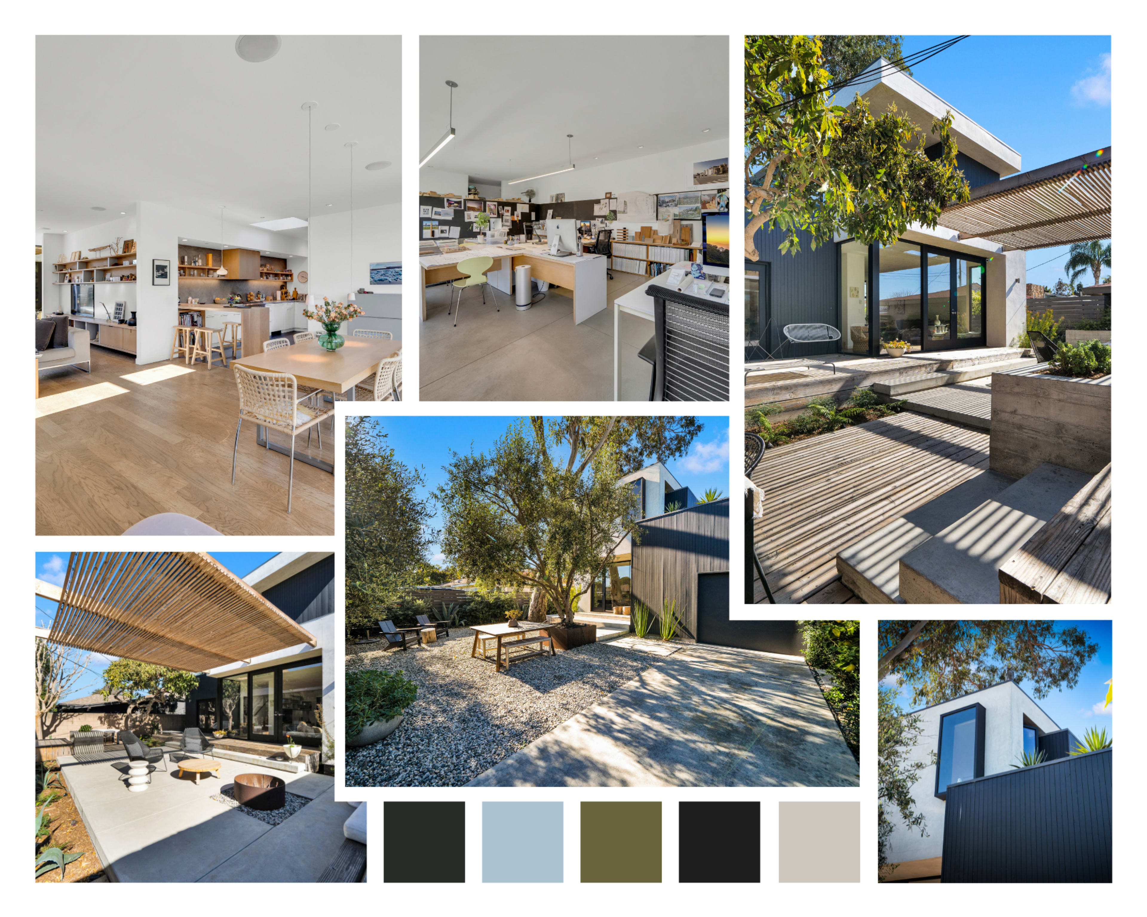 A modern home with a spacious open-plan interior, including a kitchen and living area, and an outdoor space with wooden decking and landscaped gardens.