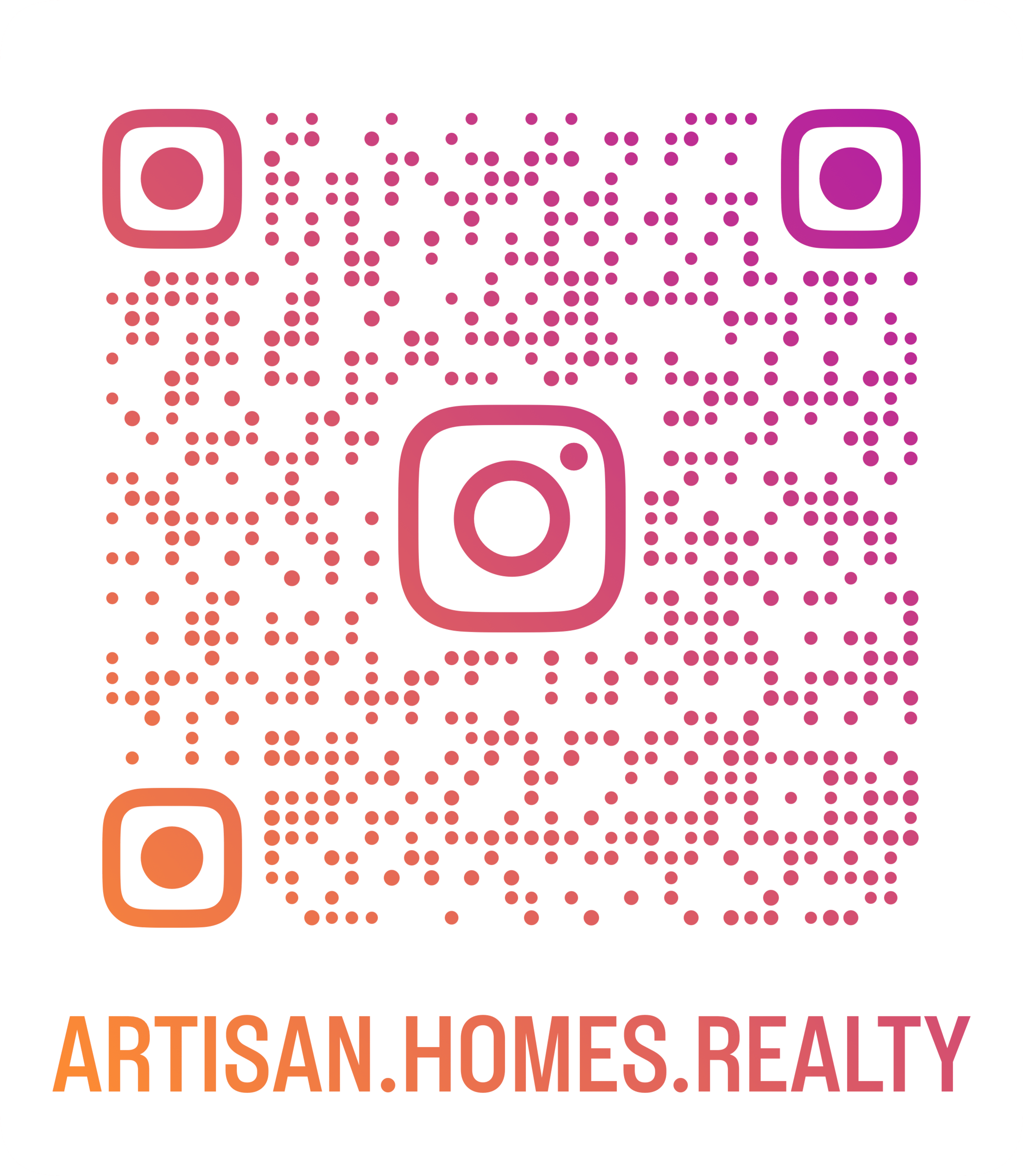 A colorful QR code with the text "ARTISAN.HOMES.REALTY" below it.