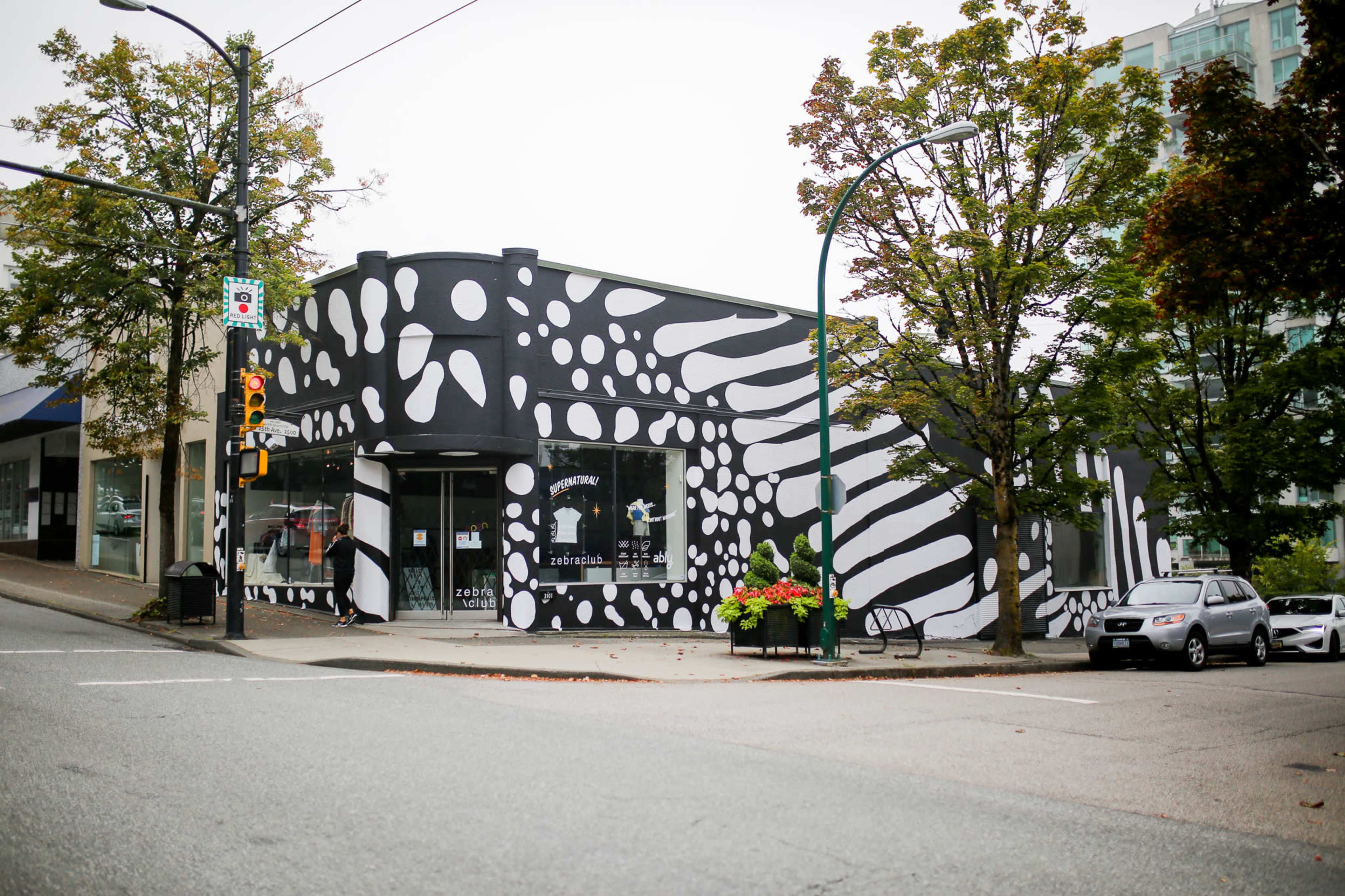 A building with a black and white striped mural on its exterior, located on a street corner with trees and parked cars nearby.