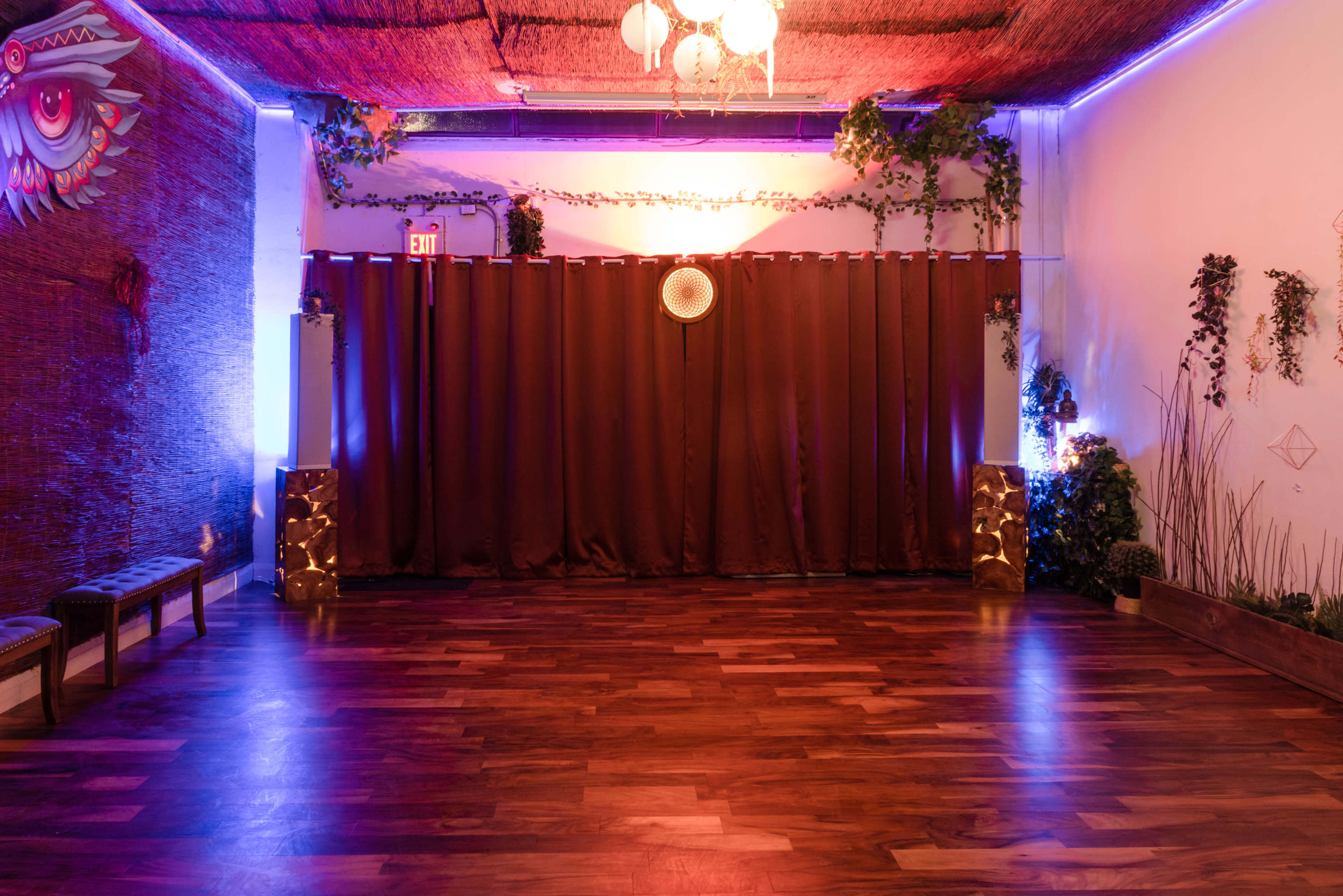 The image shows an empty room with wooden flooring, adorned with purple lighting, a curtain in the center, and decorative plants along the walls.