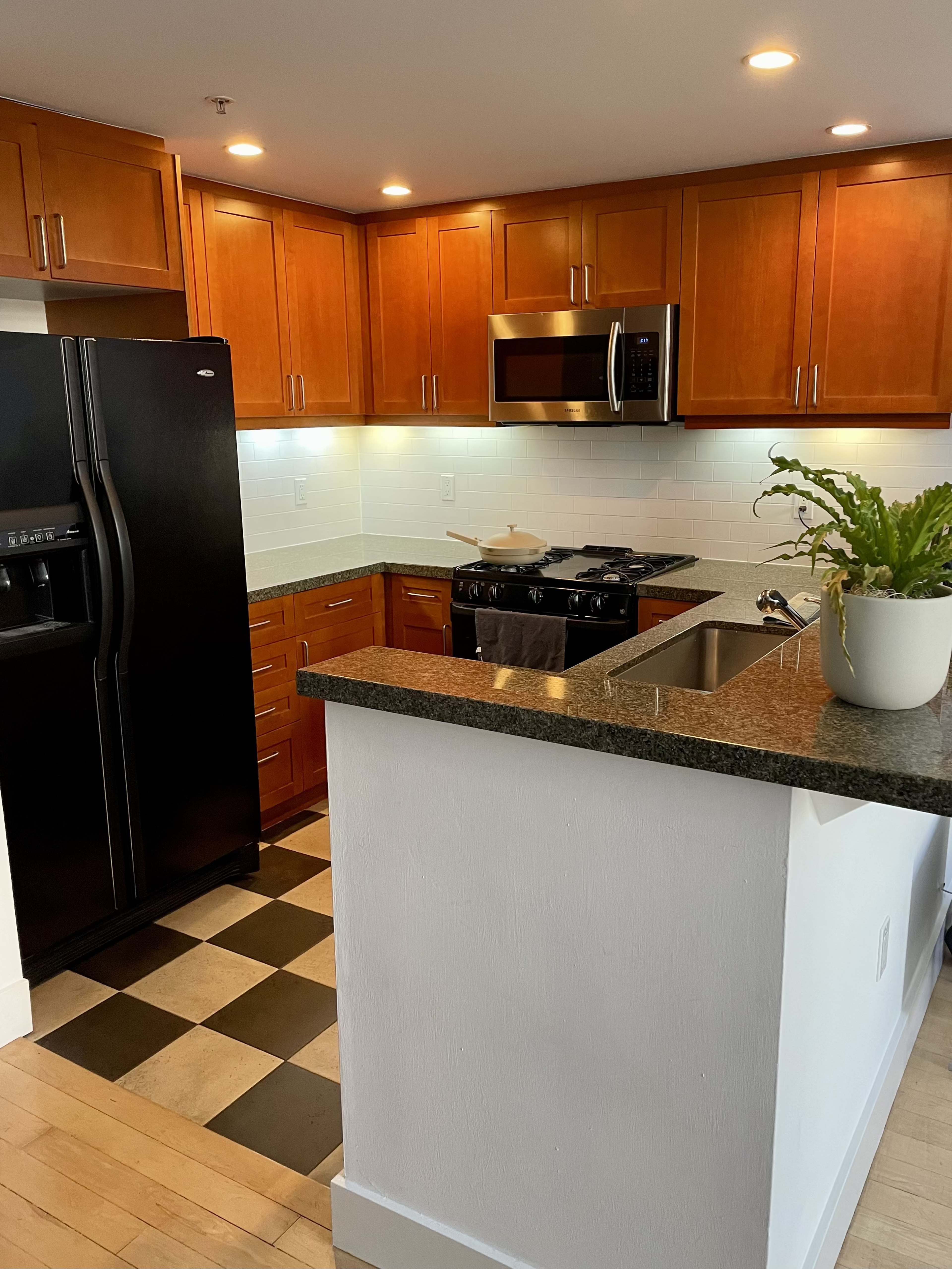 A modern kitchen with wooden cabinets, stainless steel appliances, and a countertop featuring a sink and a potted plant.