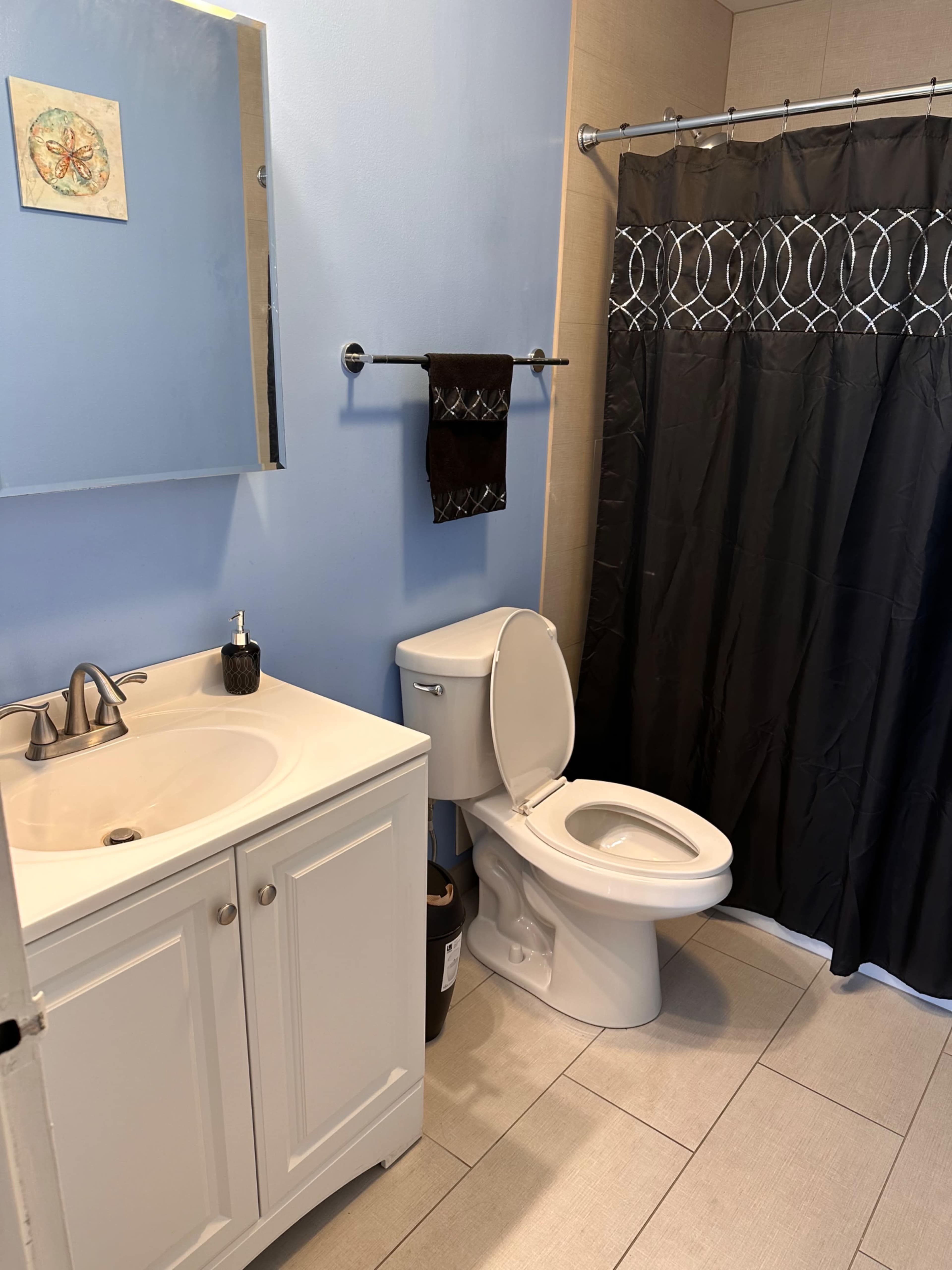 A bathroom features a white vanity with a sink, a toilet, and a black shower curtain against a blue wall.