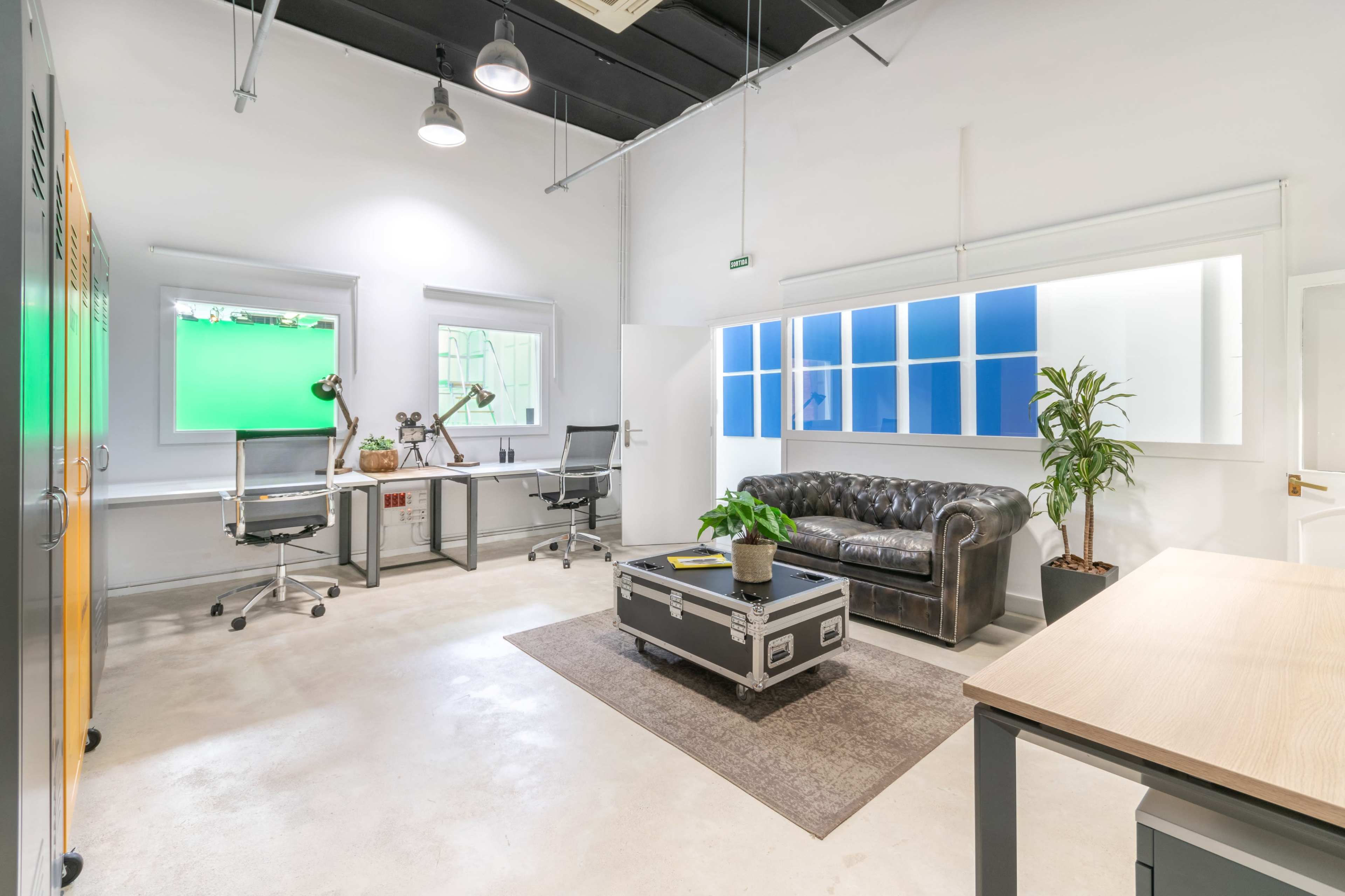 A modern office space features two desks, a leather couch, and green plants, with large windows allowing natural light.