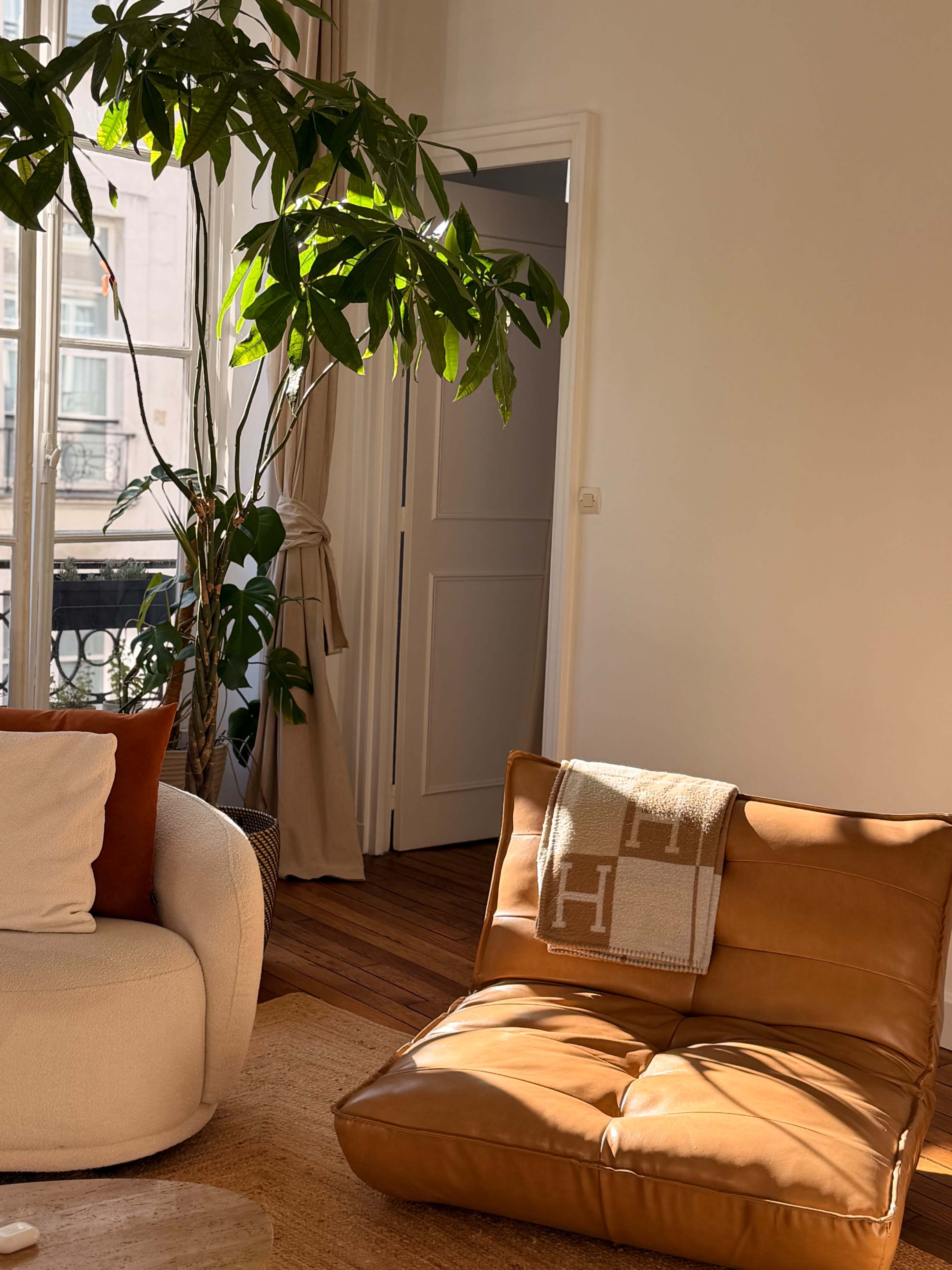 The room features a light-filled space with a brown leather chair, a plush white sofa, a potted plant, and a doorway leading to another room.