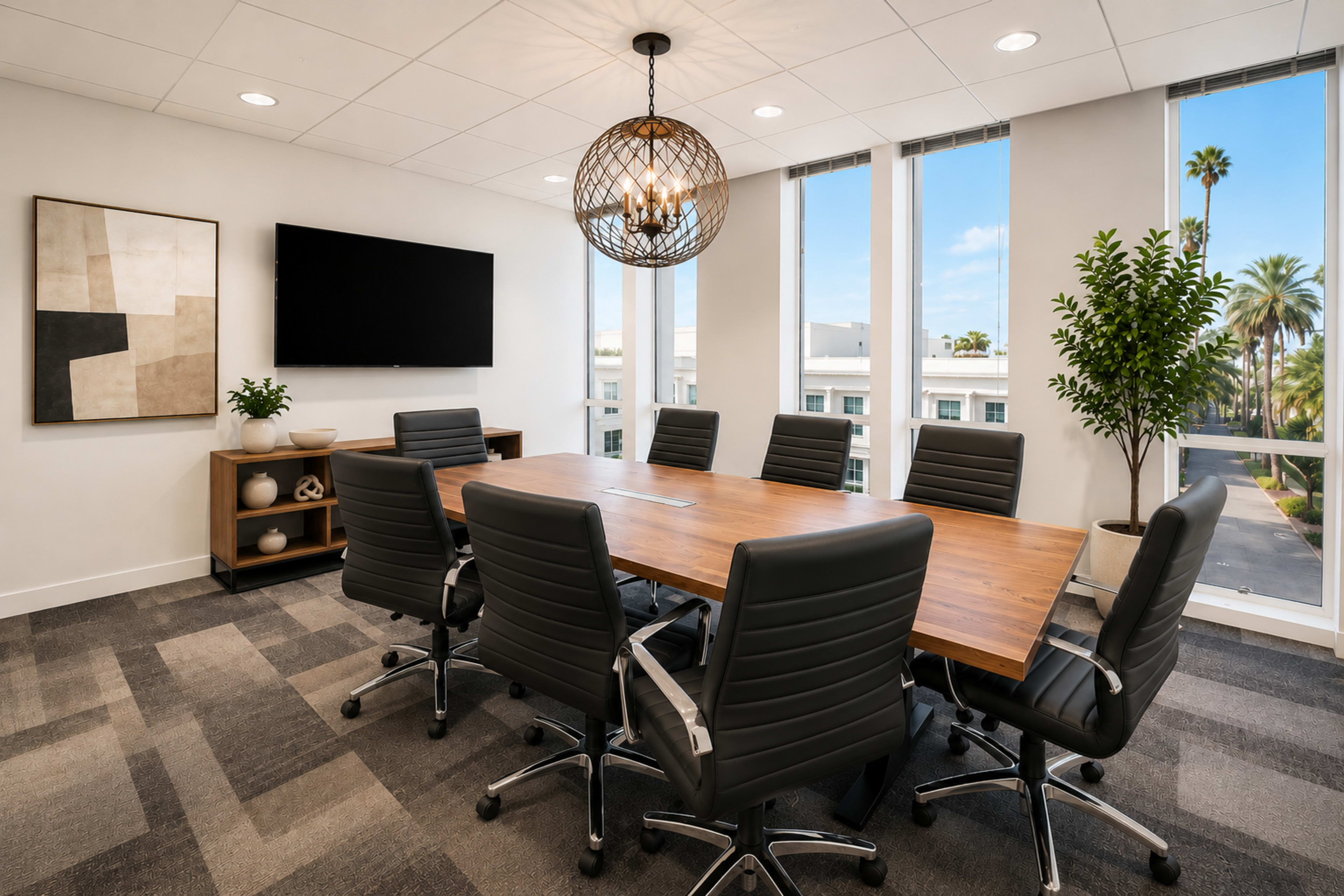 The image shows a modern conference room with a large wooden table surrounded by black leather swivel chairs, a wall-mounted TV, and large windows letting in natural light.