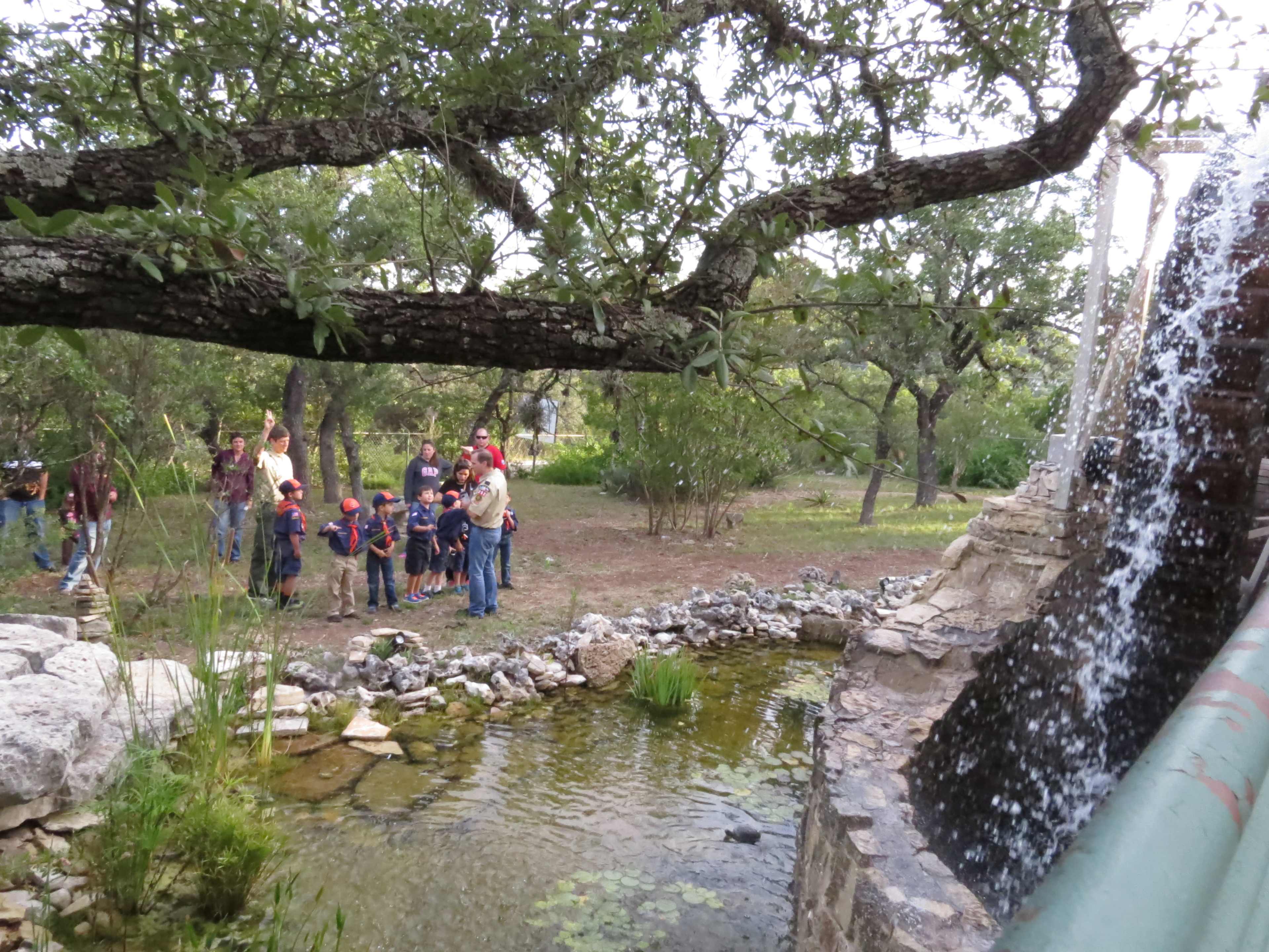 A group of children and adults stands near a pond while water cascades down from a stone structure surrounded by trees.