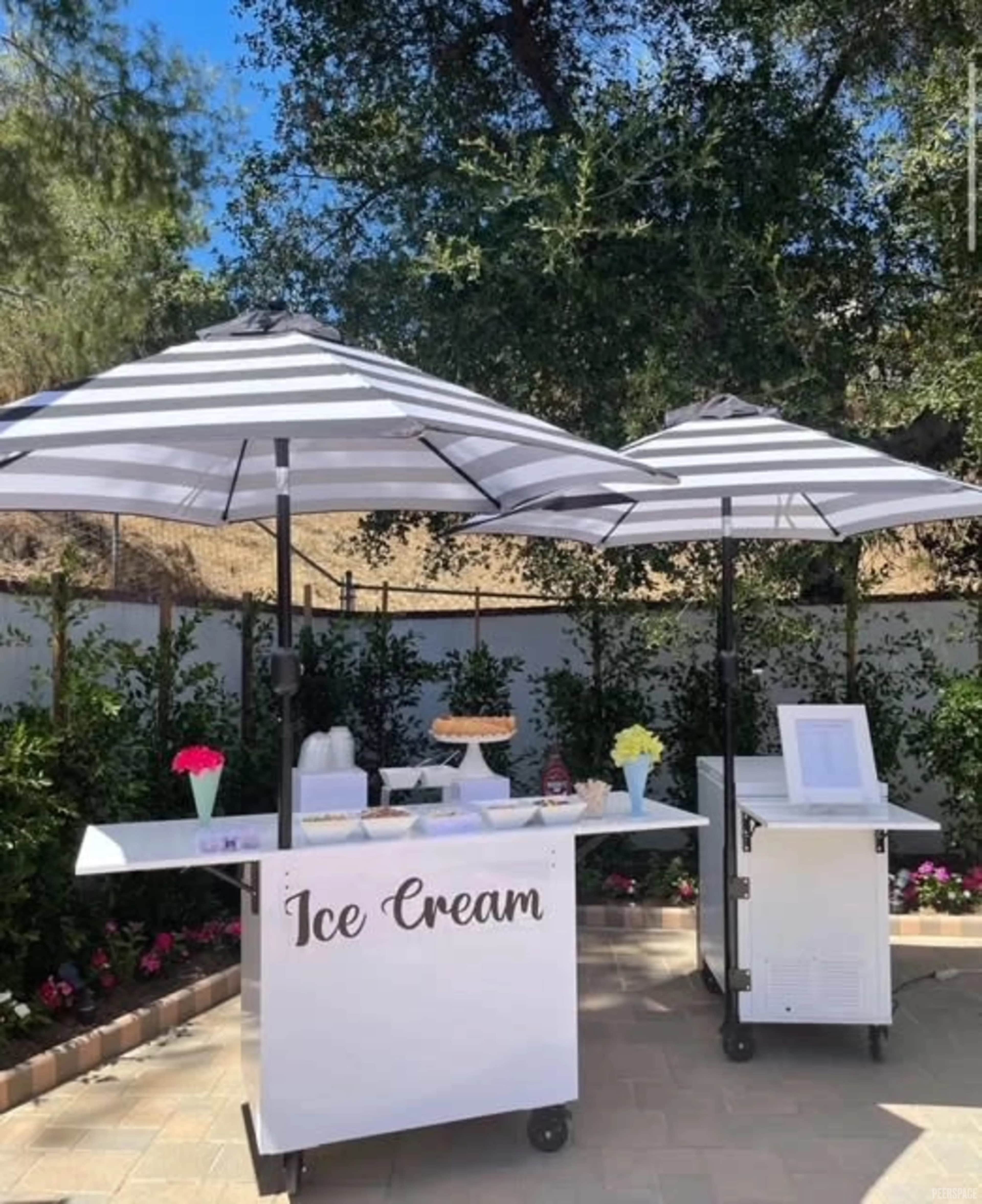 An outdoor ice cream stand features two striped umbrellas and a serving counter with various equipment, set in a garden area.