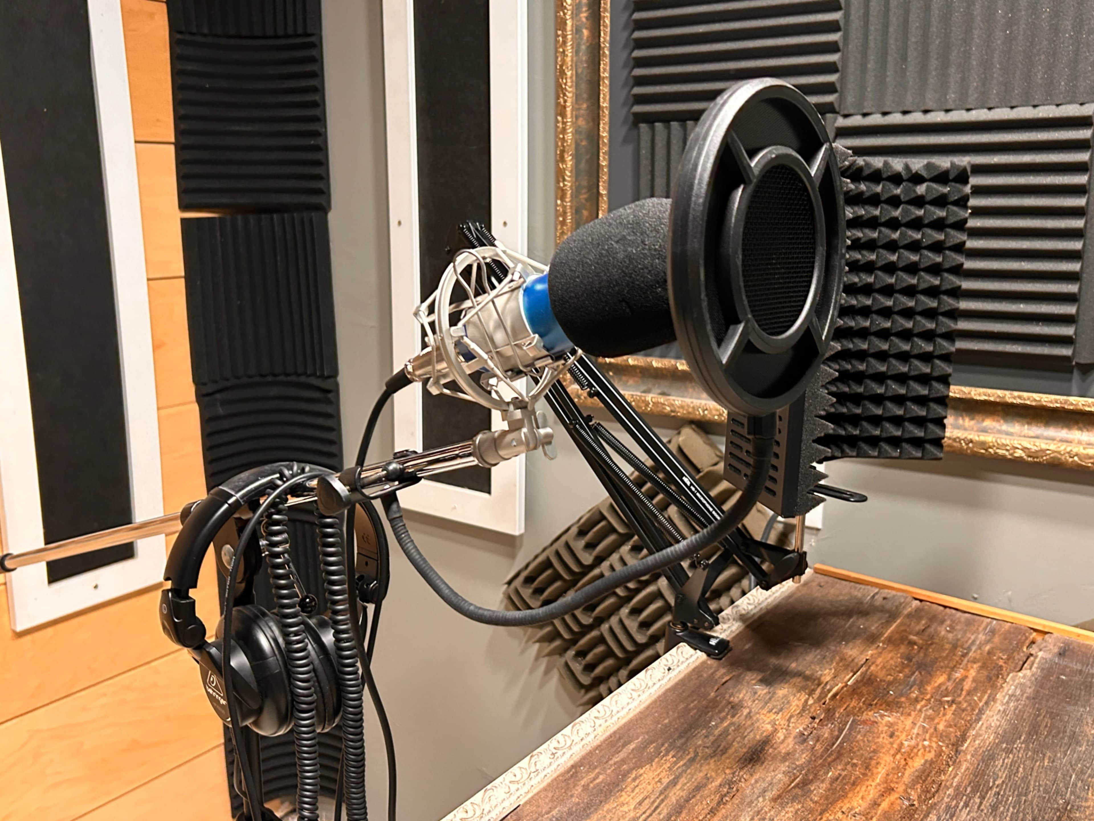 A microphone is positioned on a stand in a soundproofed recording booth with acoustic panels on the walls.