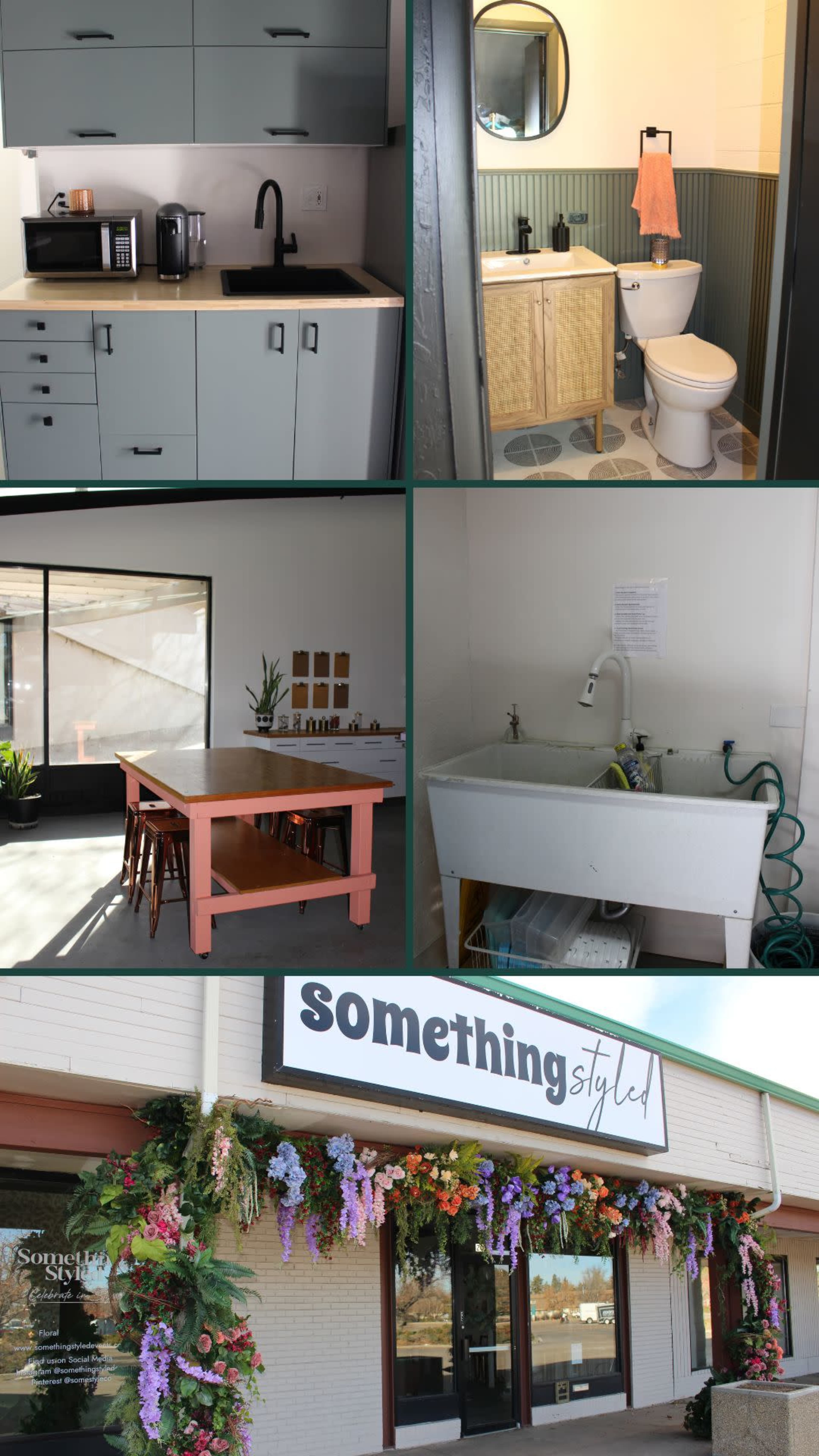 The image displays a collage of various interior spaces, including a kitchen area, a bathroom, a workspace with a table, a laundry sink, and a storefront with floral decorations.