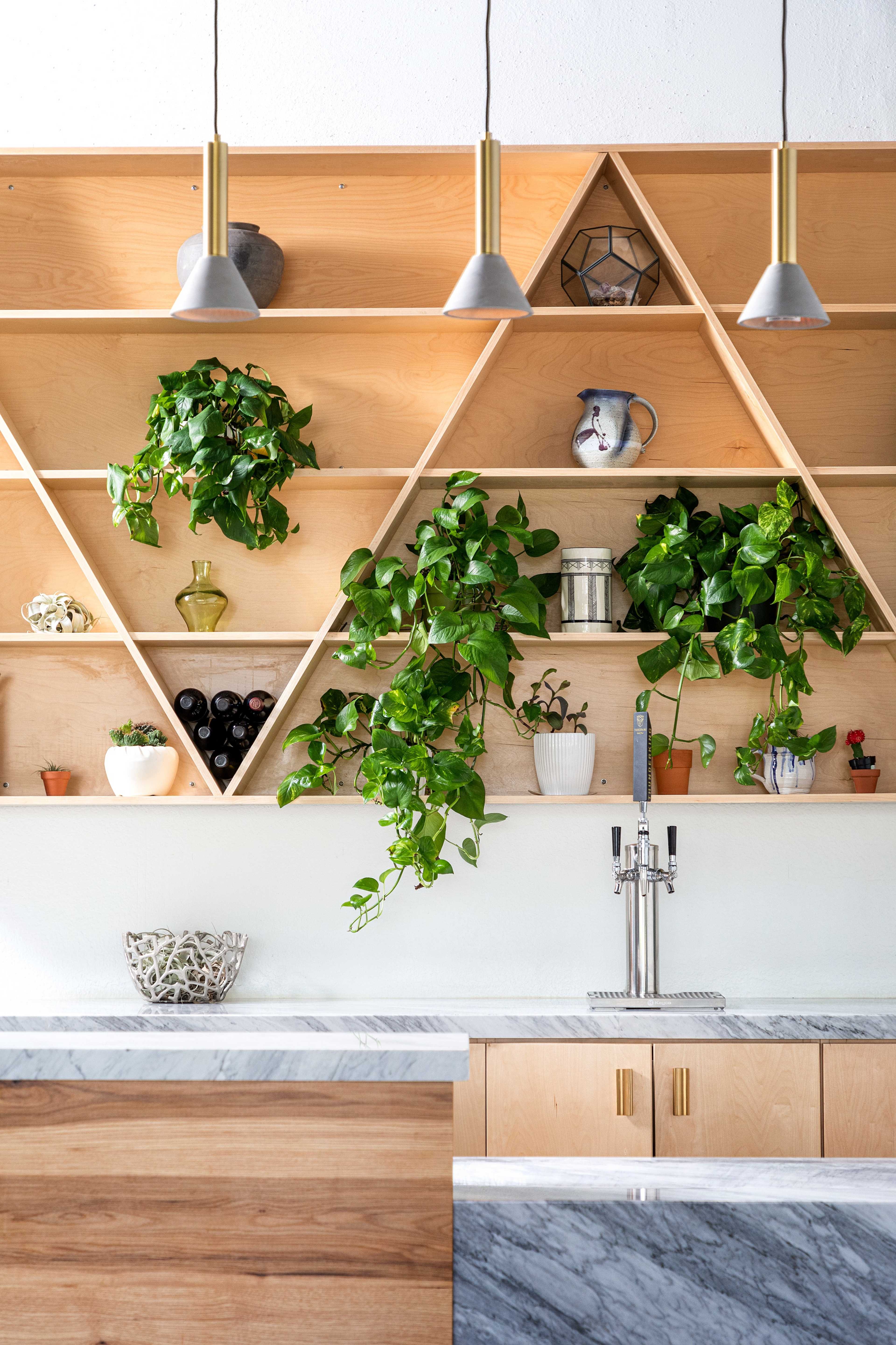 A wooden wall shelf with triangular compartments displays various potted plants and decorative items above a marble countertop with a kitchen faucet and sink.