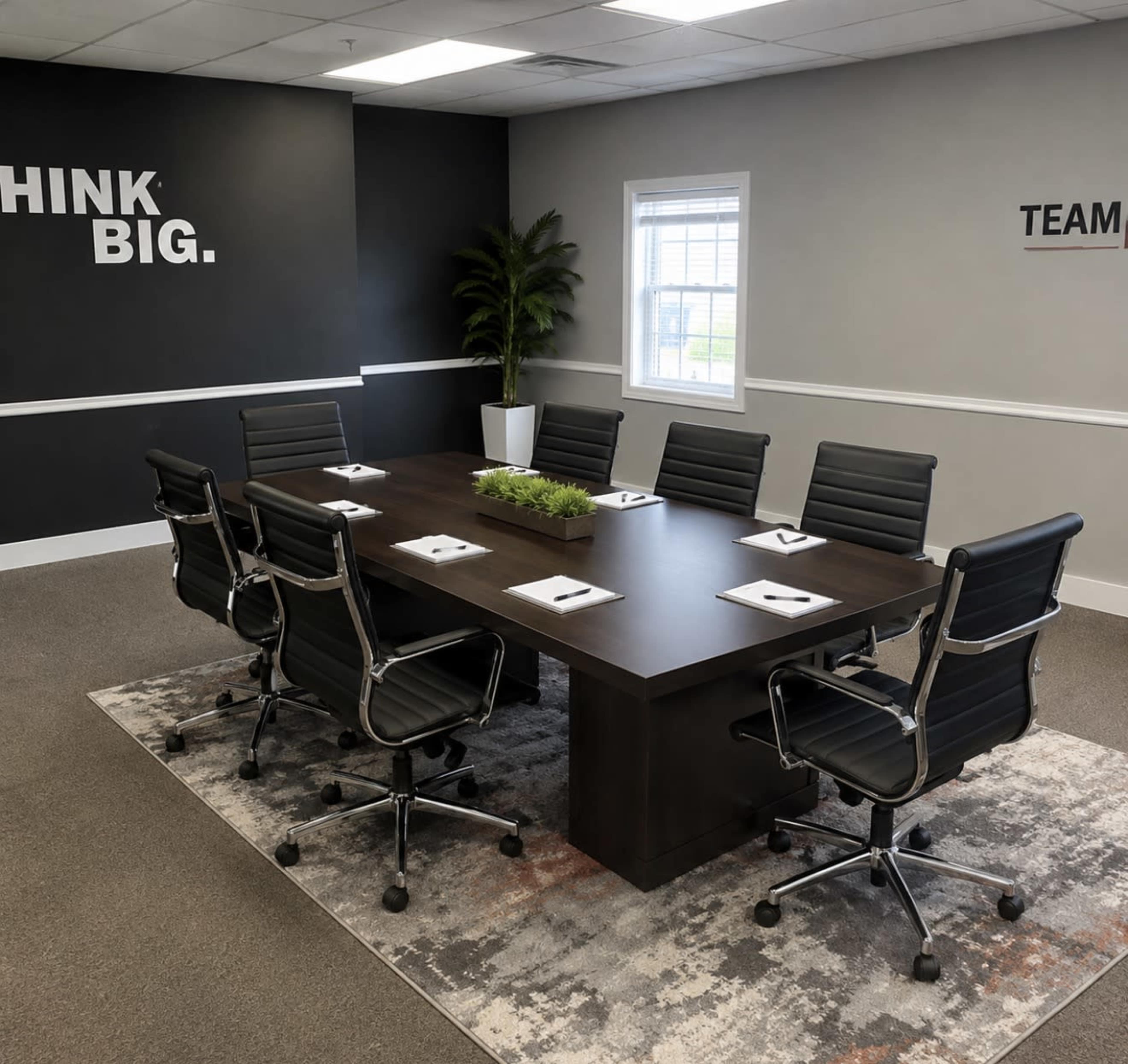 A modern conference room features a large rectangular table surrounded by eight black ergonomic chairs, with a potted plant in the center and motivational wall text.