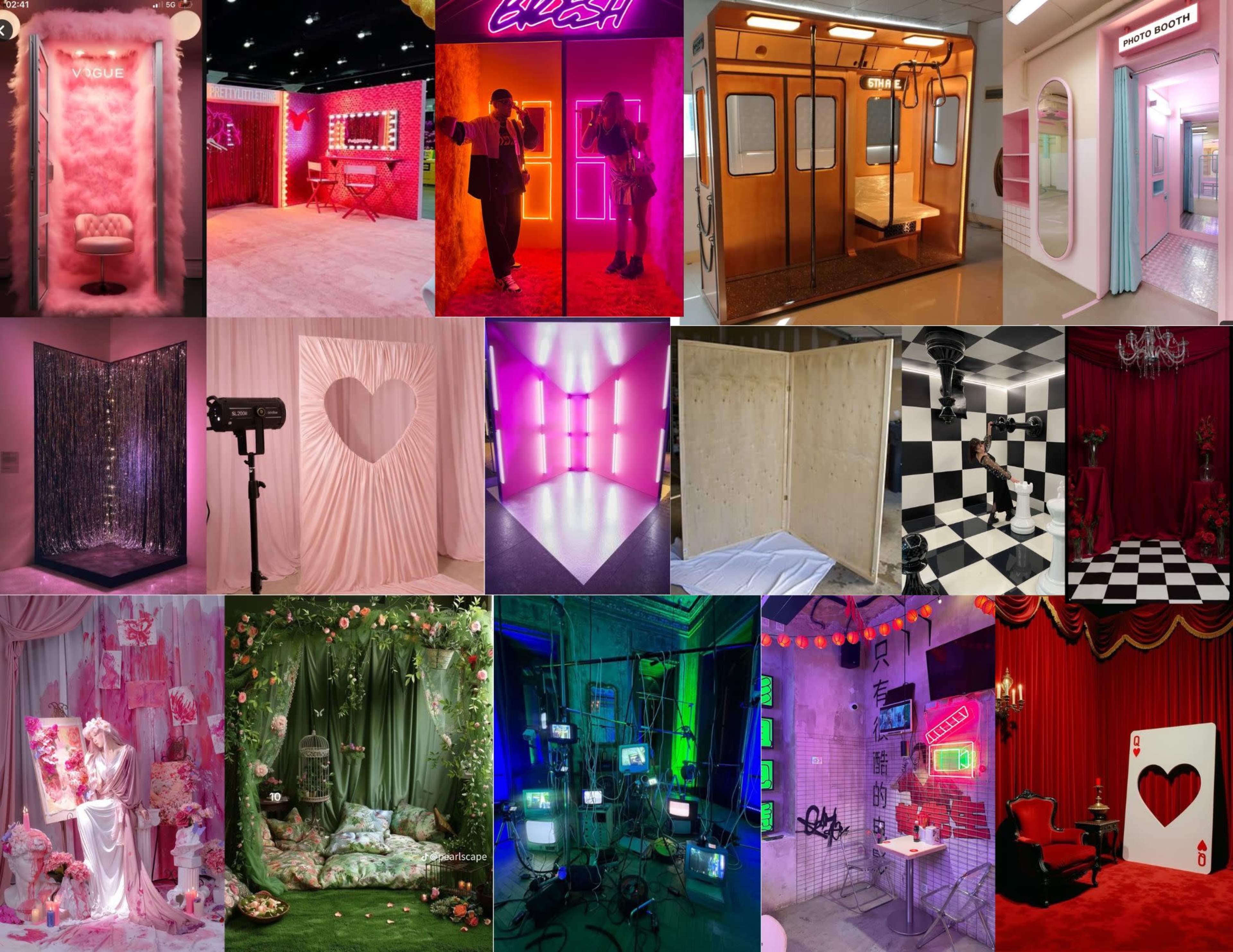 The image features a collage of various themed background setups, including colorful walls and props designed for photo opportunities.