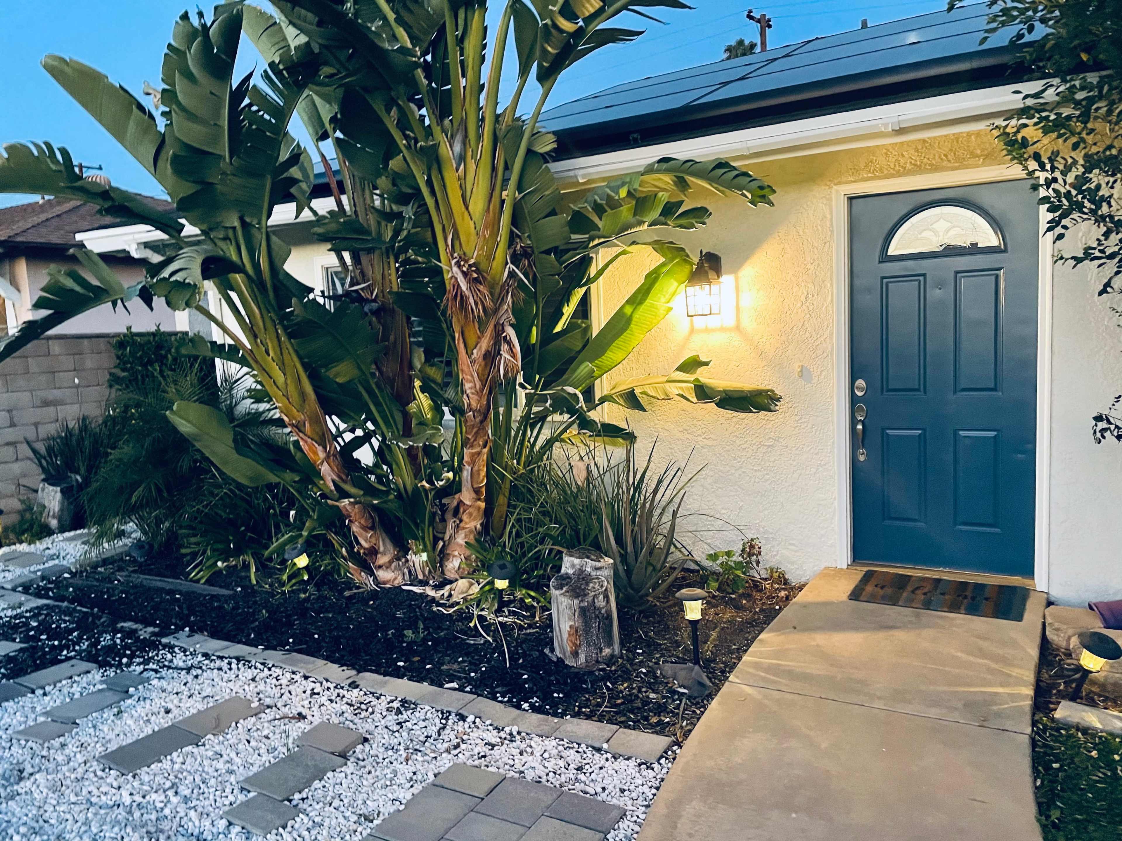 A brightly lit front door is flanked by tall tropical plants and a pathway made of concrete slabs and white gravel.