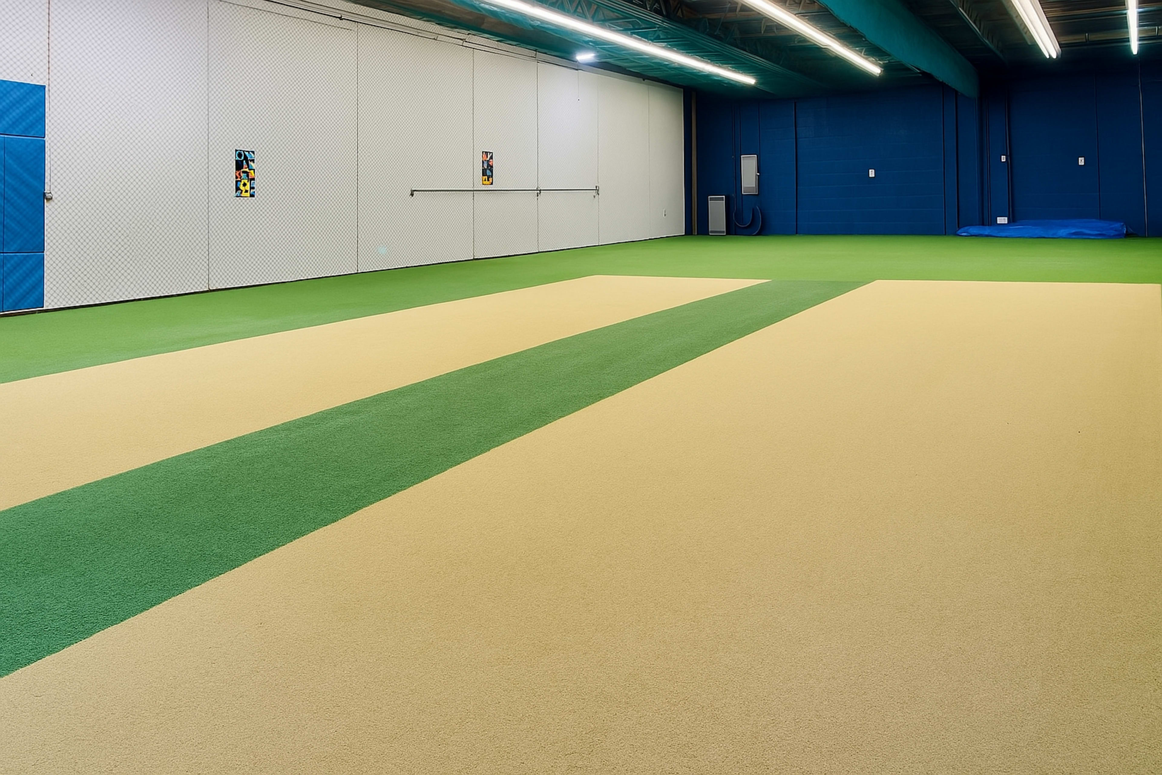 The image shows an indoor sports facility with artificial turf featuring alternating green and beige sections.