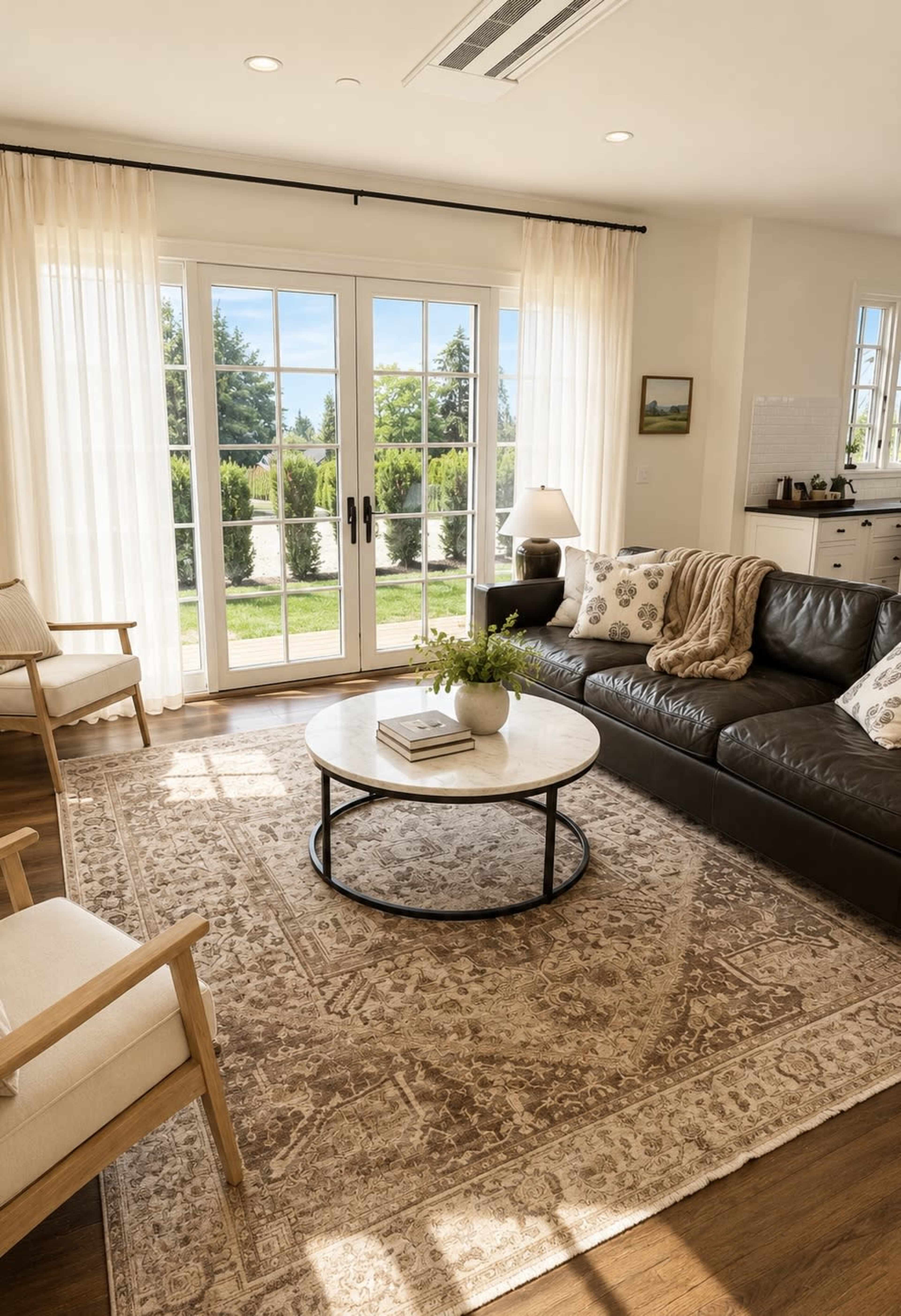 The image depicts a bright living room with a dark leather sofa, a round coffee table in the center, and large glass doors that lead to an outdoor view.