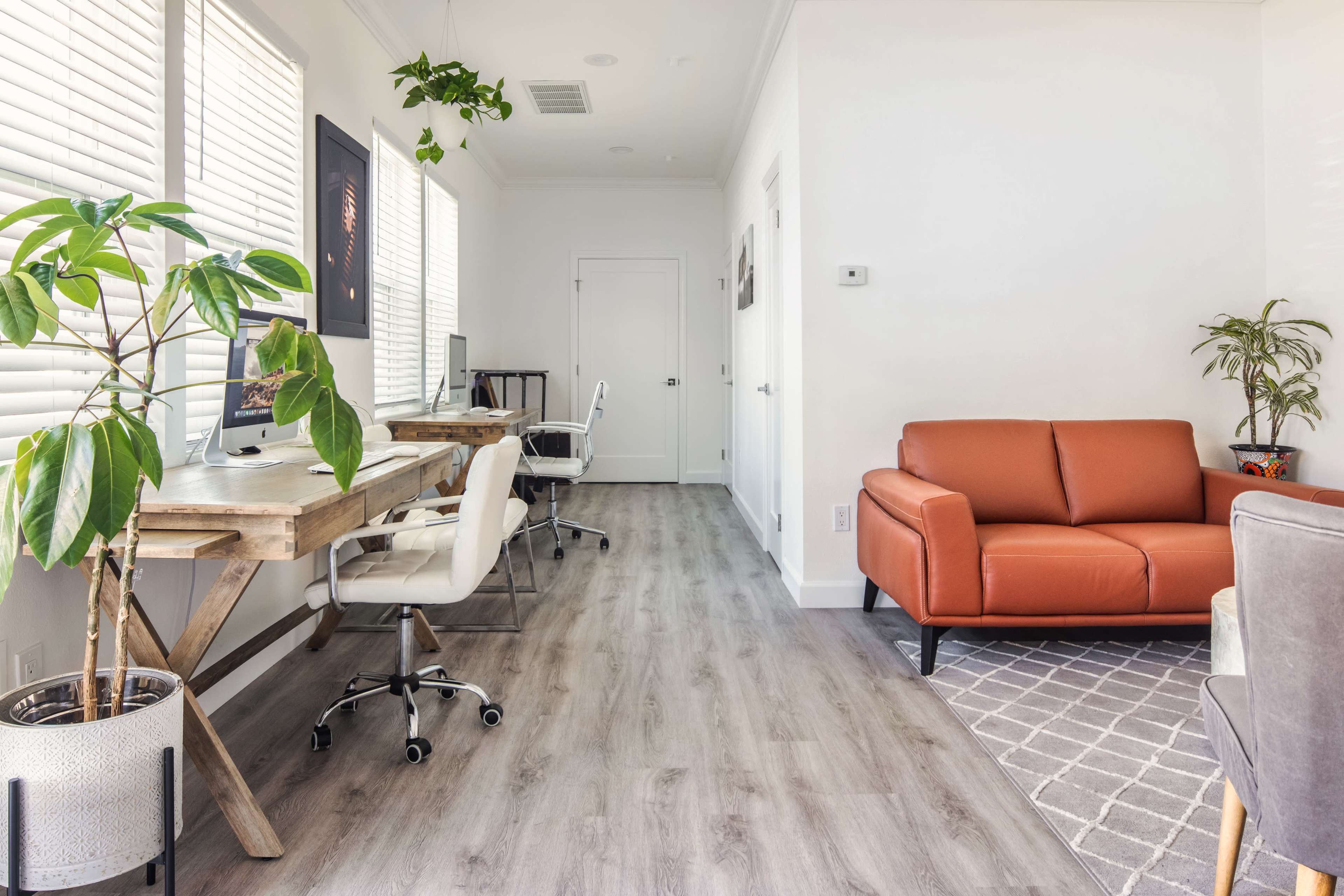 The image shows a modern office space featuring two desks with computers, a brown leather couch, indoor plants, and light-colored walls.