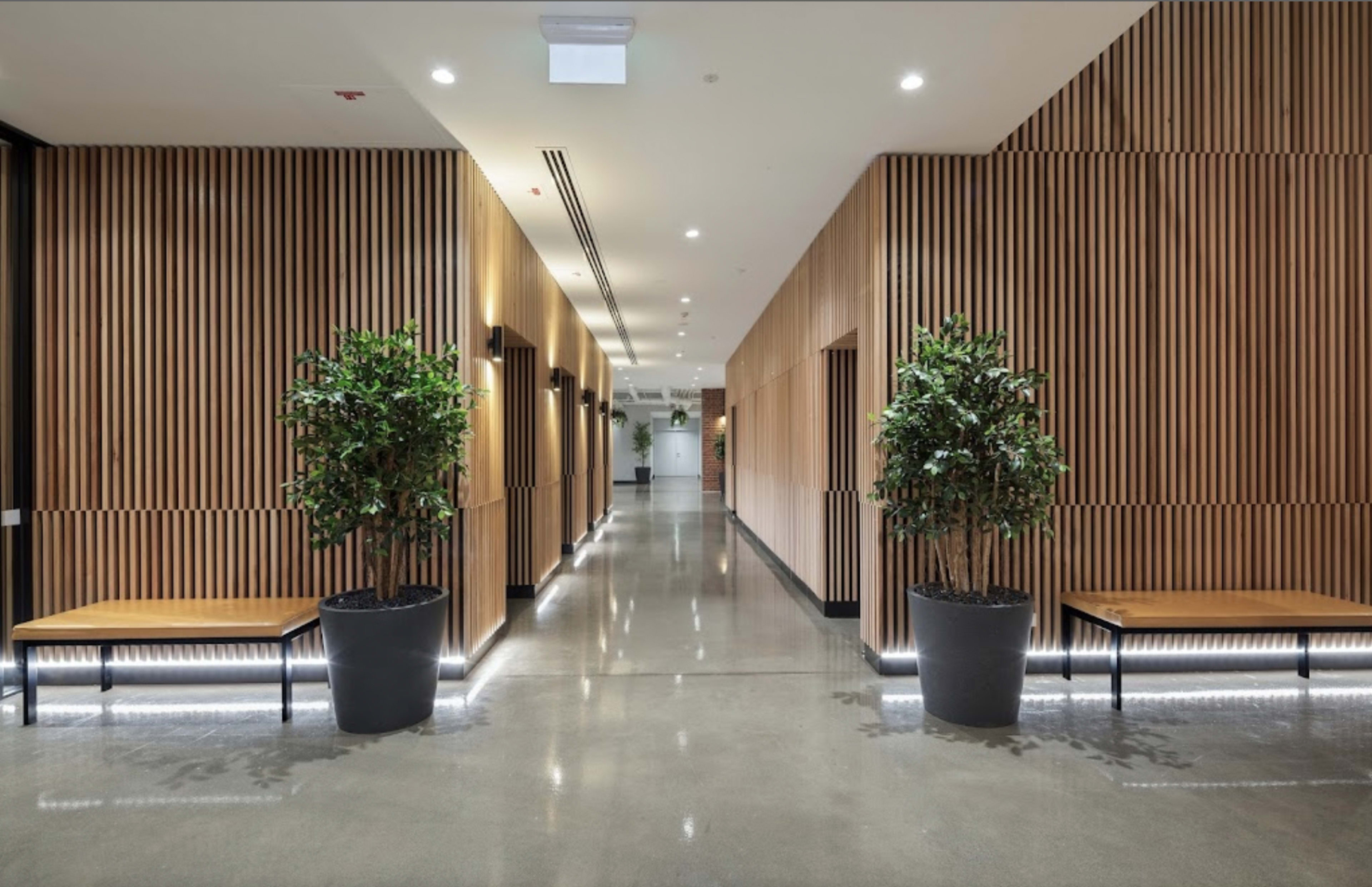 A modern hallway with wooden slat walls, potted plants, and benches on either side.