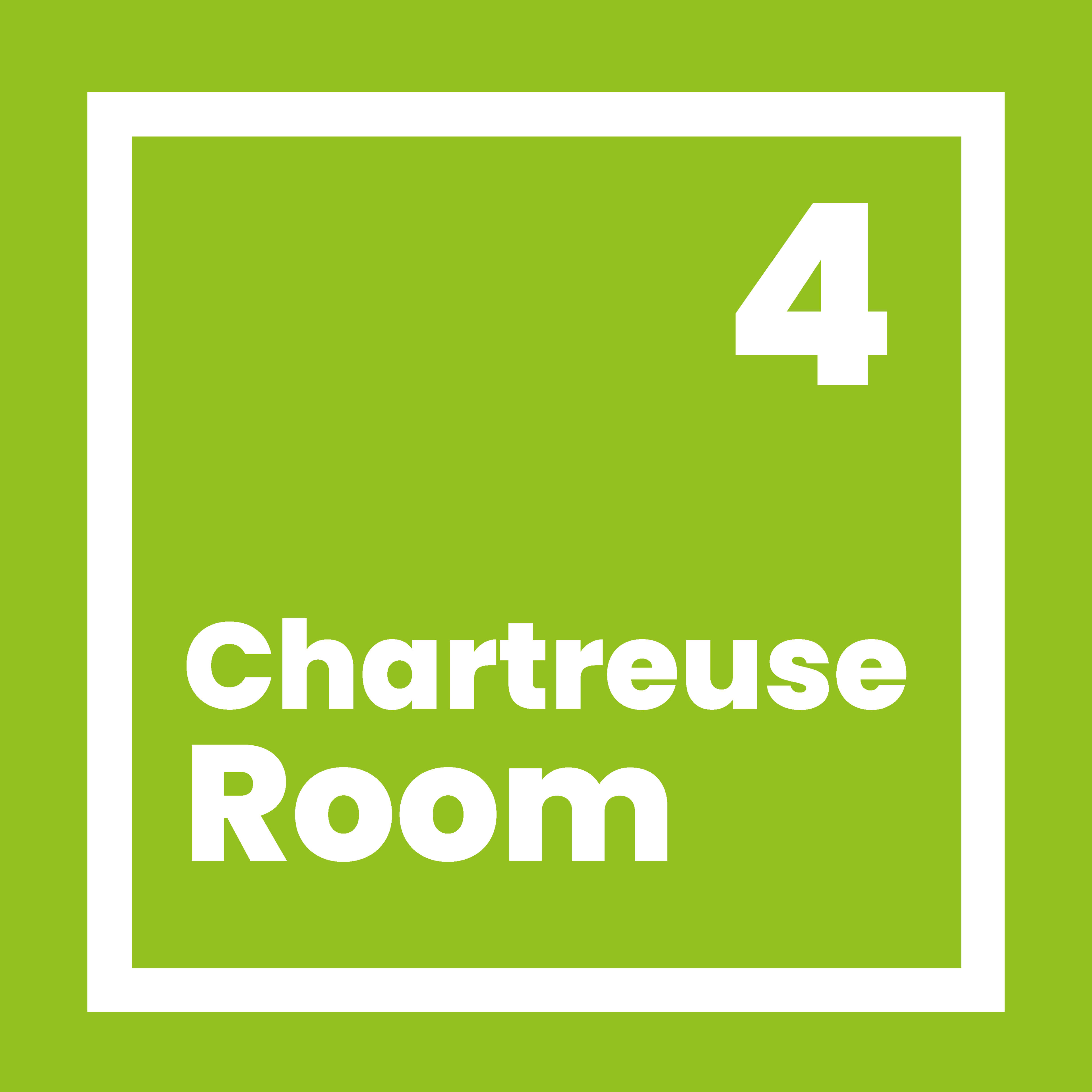 The image features a square design with a vibrant green background, displaying the text "4 Chartreuse Room" in bold, white font.