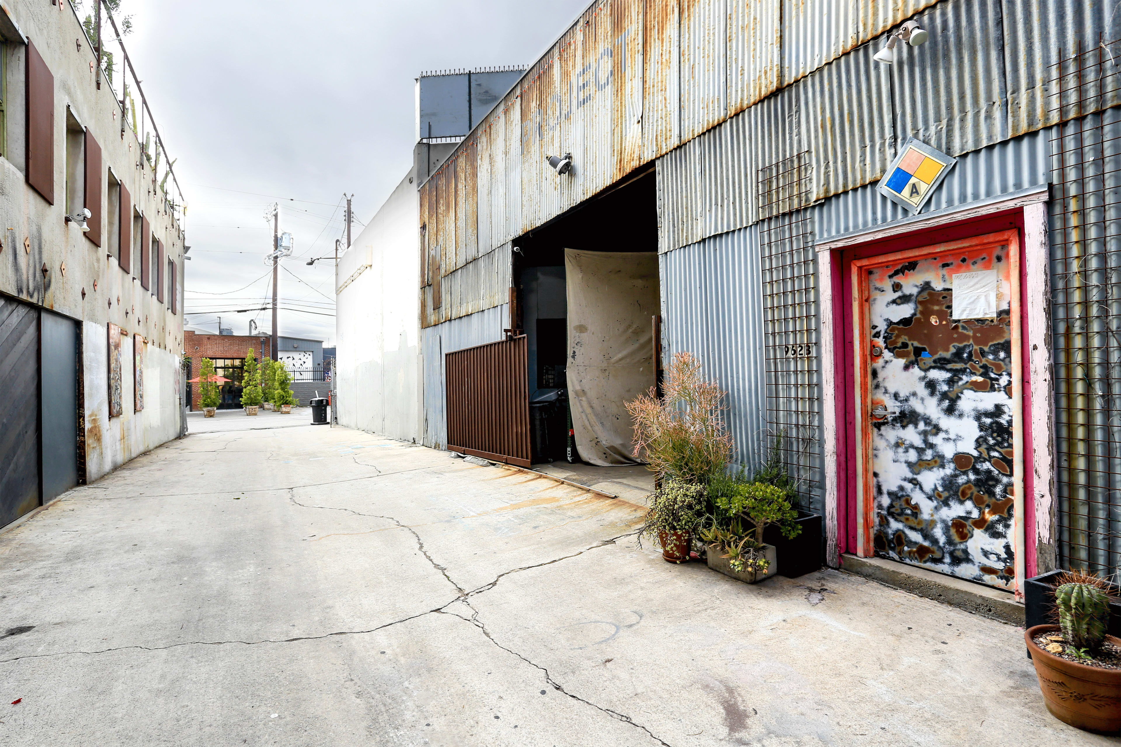 The image shows a narrow alleyway lined with industrial buildings, featuring a weathered metal wall and a red door next to a potted plant.