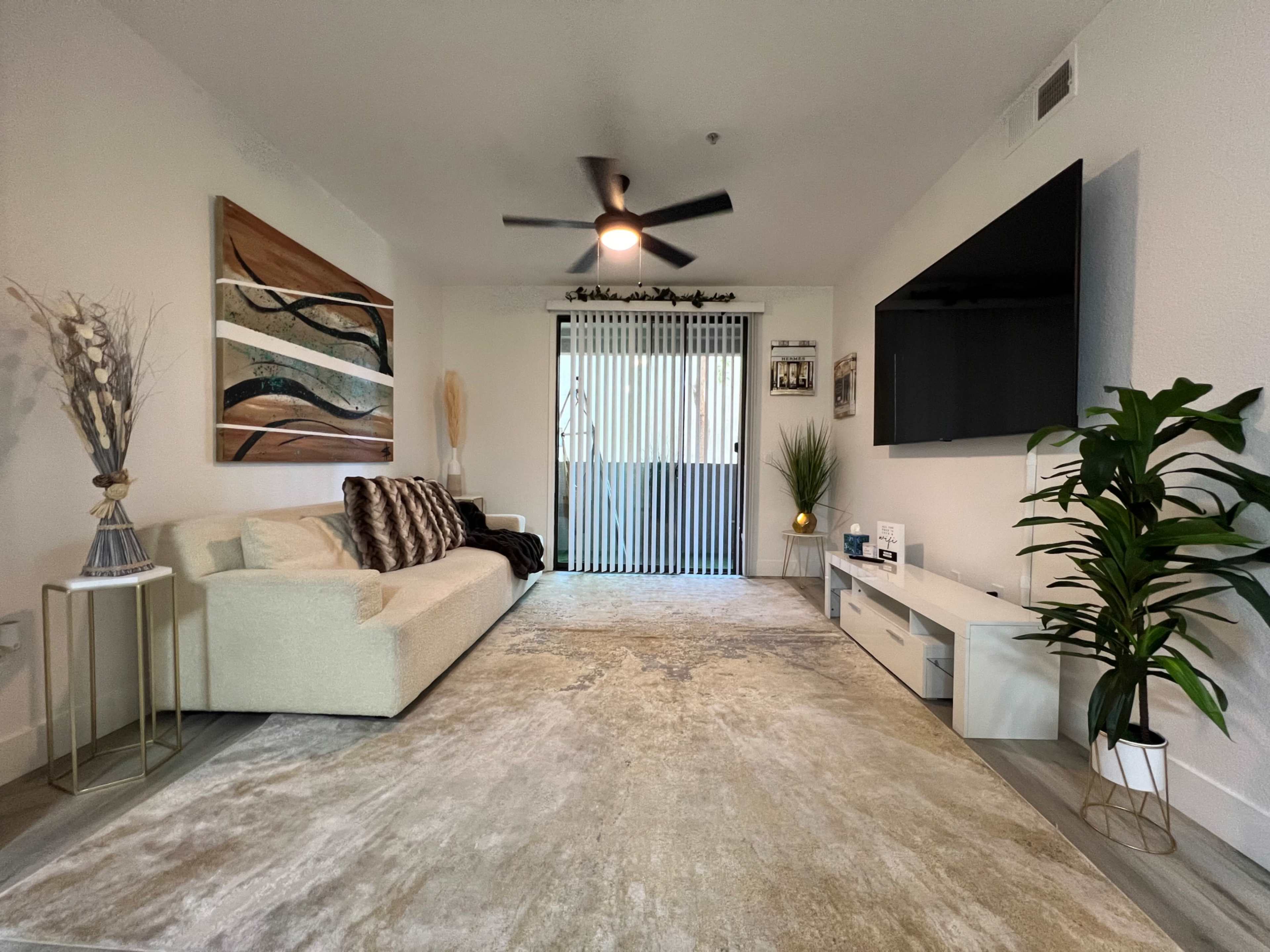 The living room features a light-colored sofa, a large wall-mounted TV, and a sliding glass door leading to an outside space, all set on a patterned area rug.