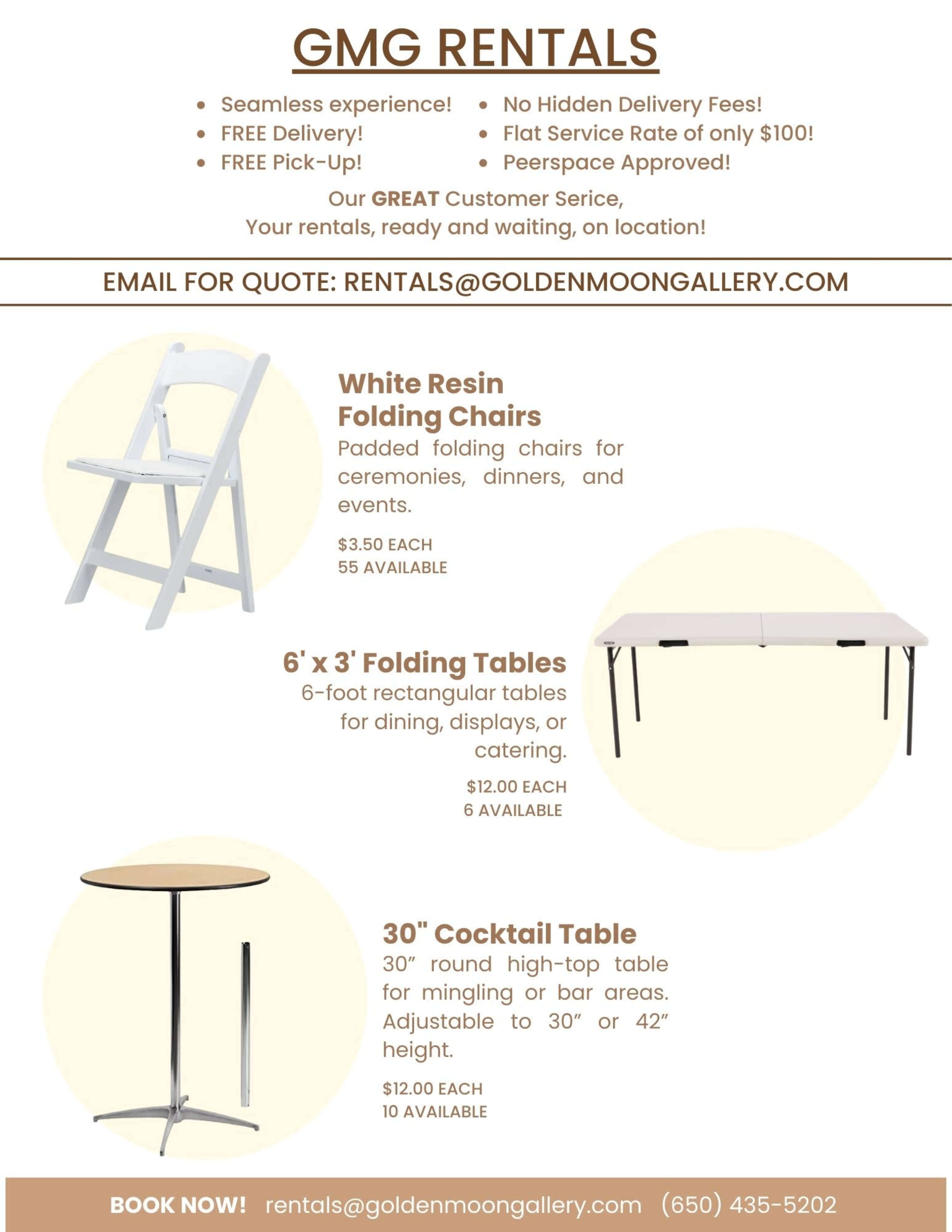 The image displays a rental service advertisement featuring details about white resin folding chairs, 6-foot rectangular tables, and a 30" cocktail table, along with pricing and contact information.
