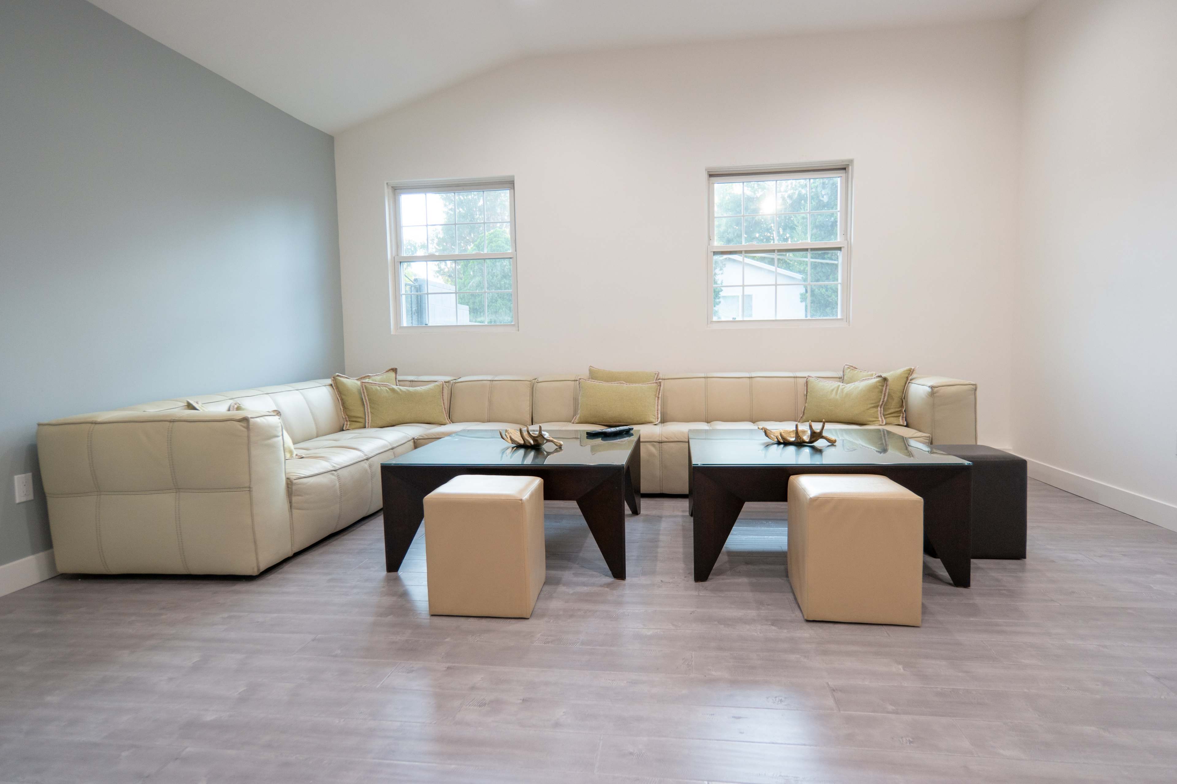 A modern living room featuring a large beige sectional sofa, two black coffee tables, and light gray walls with large windows.